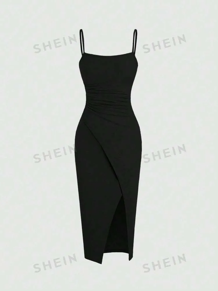 2pcs plain spaghetti strap dress & short sleeve top set in black