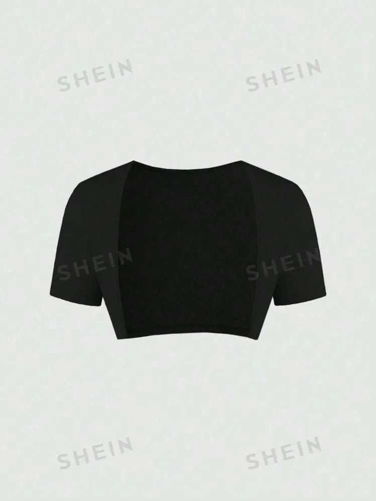 2pcs plain spaghetti strap dress & short sleeve top set in black