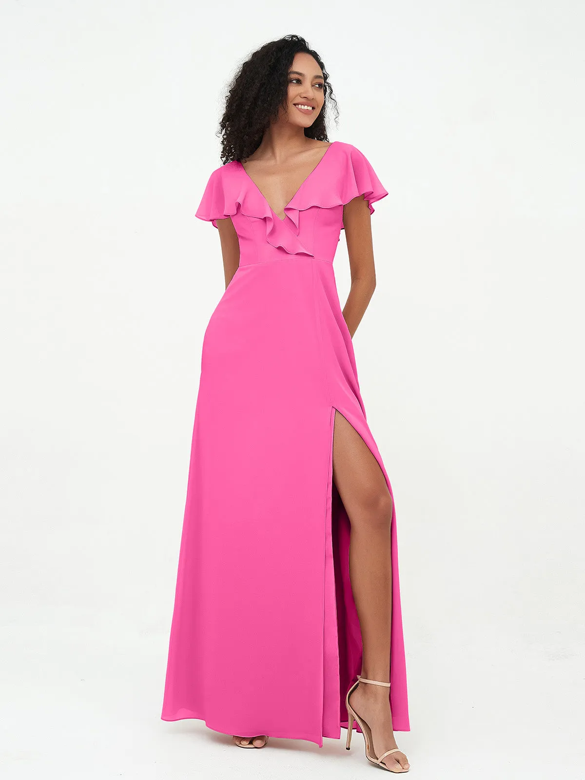 A-line V-neck Chiffon Dresses with Pockets-Azalea