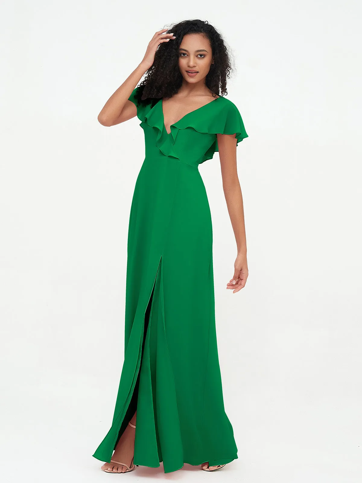 A-line V-neck Chiffon Dresses with Pockets-Emerald