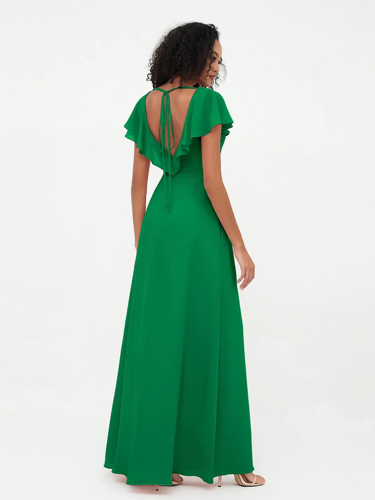 A-line V-neck Chiffon Dresses with Pockets-Emerald