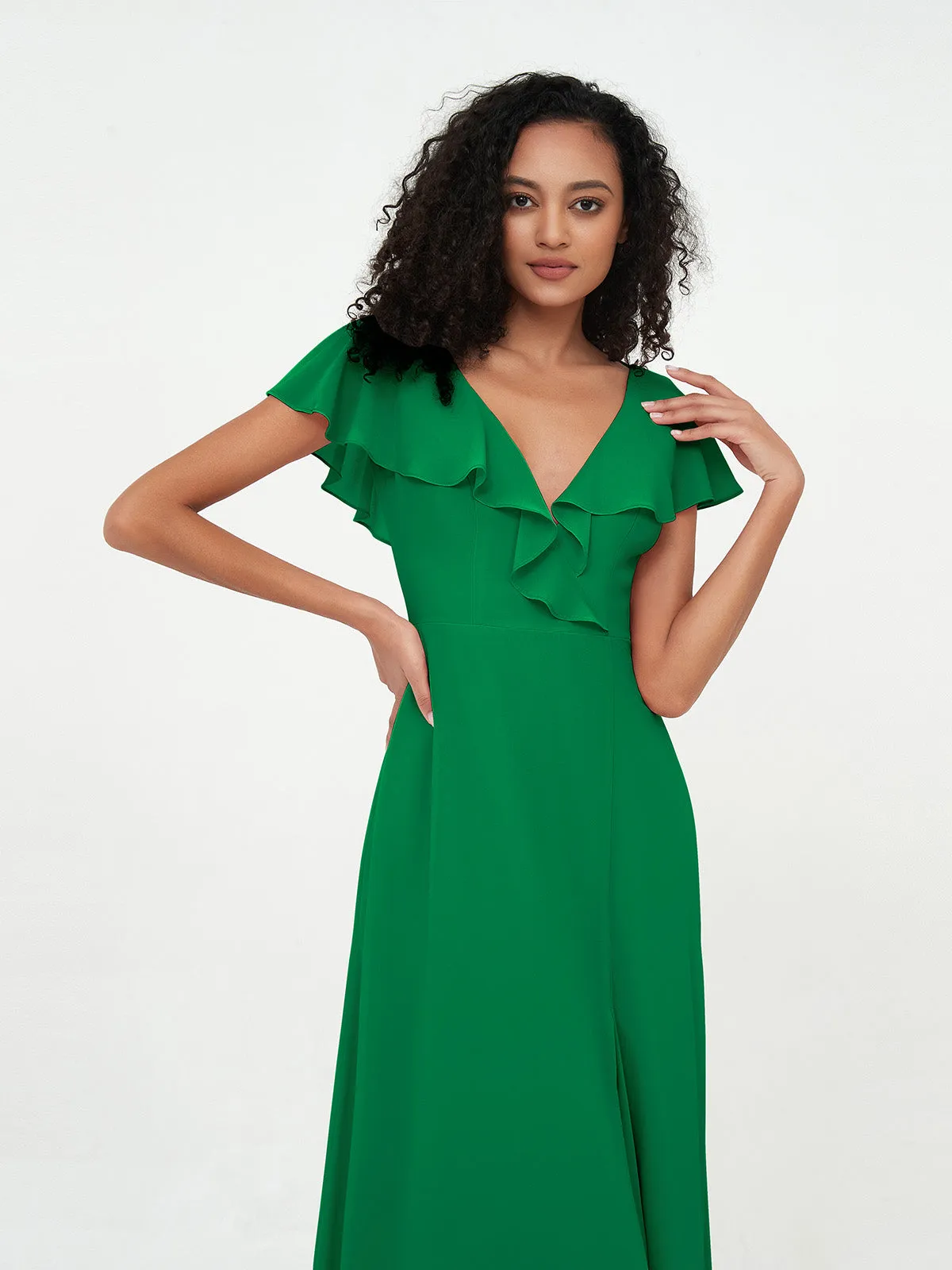 A-line V-neck Chiffon Dresses with Pockets-Emerald