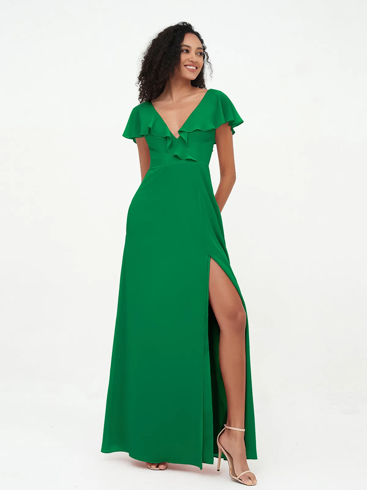 A-line V-neck Chiffon Dresses with Pockets-Emerald