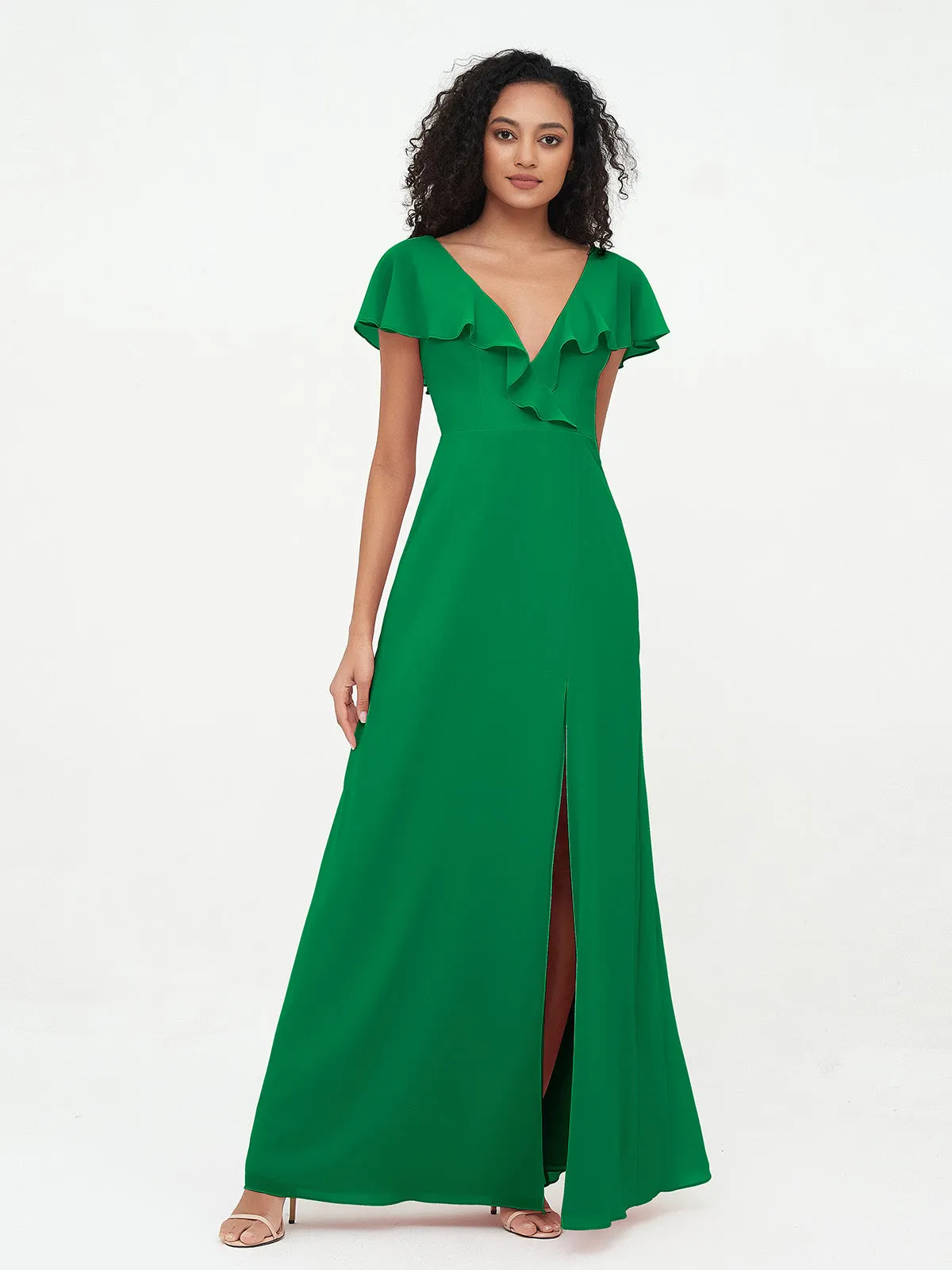 A-line V-neck Chiffon Dresses with Pockets-Emerald