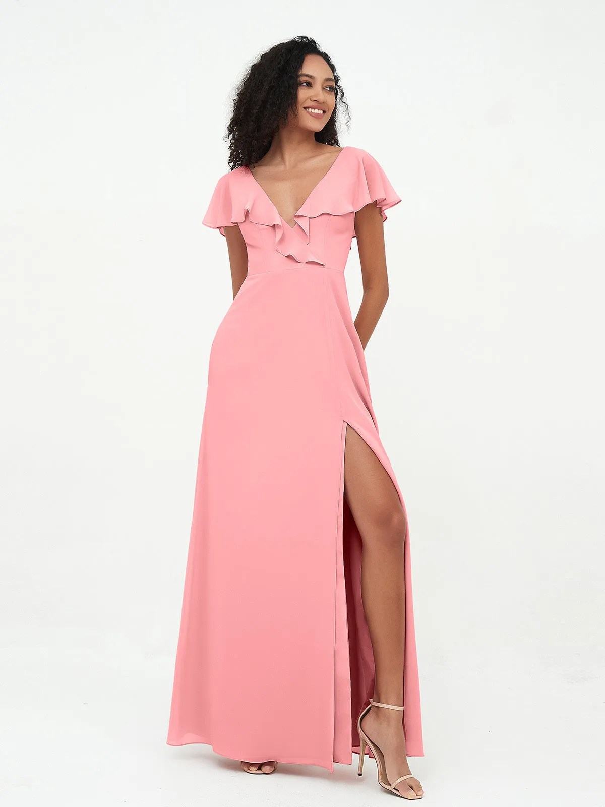 A-line V-neck Chiffon Dresses with Pockets-Flamingo
