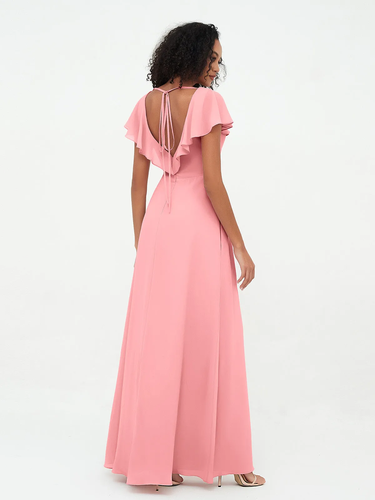 A-line V-neck Chiffon Dresses with Pockets-Flamingo