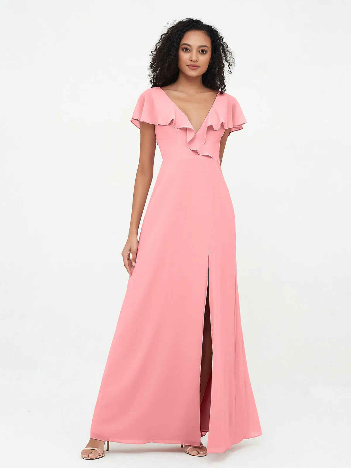 A-line V-neck Chiffon Dresses with Pockets-Flamingo