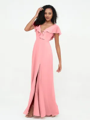 A-line V-neck Chiffon Dresses with Pockets-Flamingo
