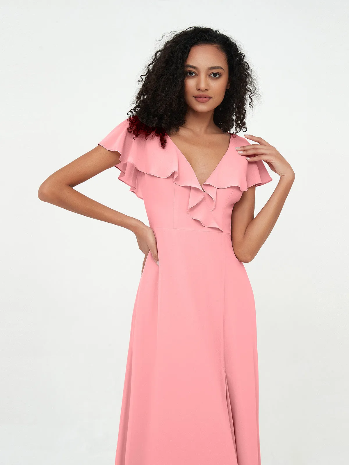 A-line V-neck Chiffon Dresses with Pockets-Flamingo
