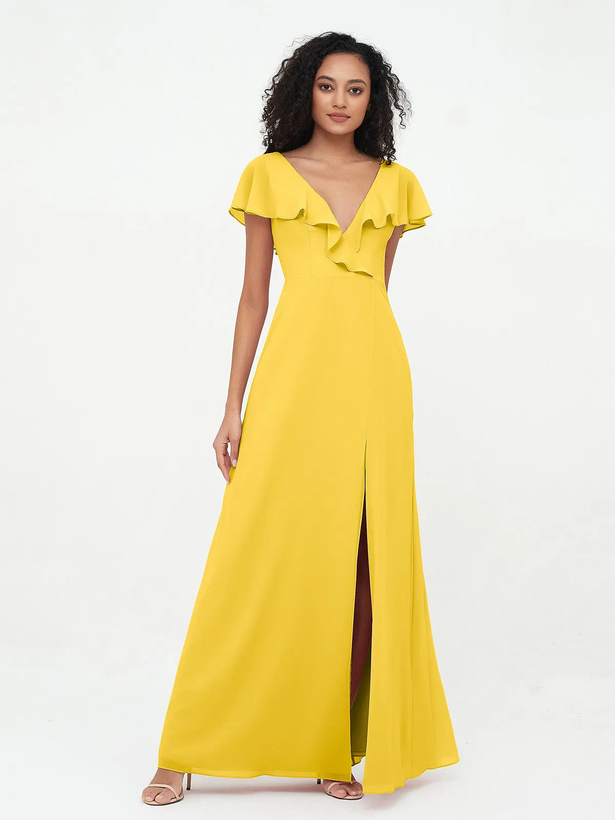 A-line V-neck Chiffon Dresses with Pockets-Marigold