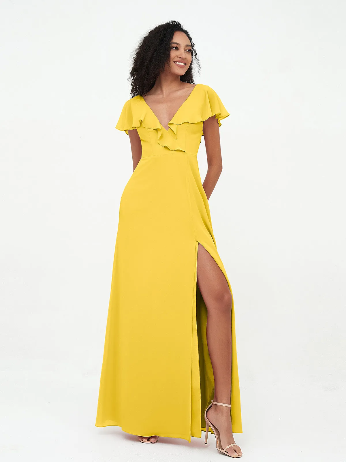 A-line V-neck Chiffon Dresses with Pockets-Marigold
