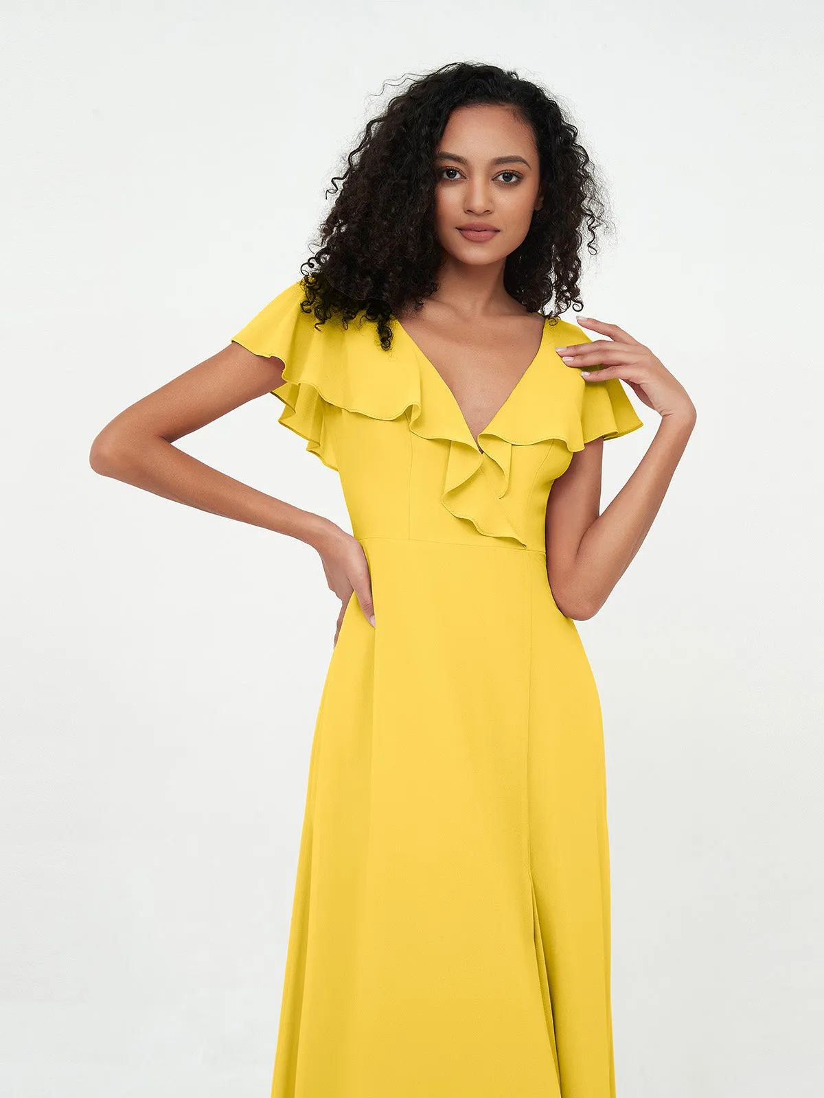 A-line V-neck Chiffon Dresses with Pockets-Marigold