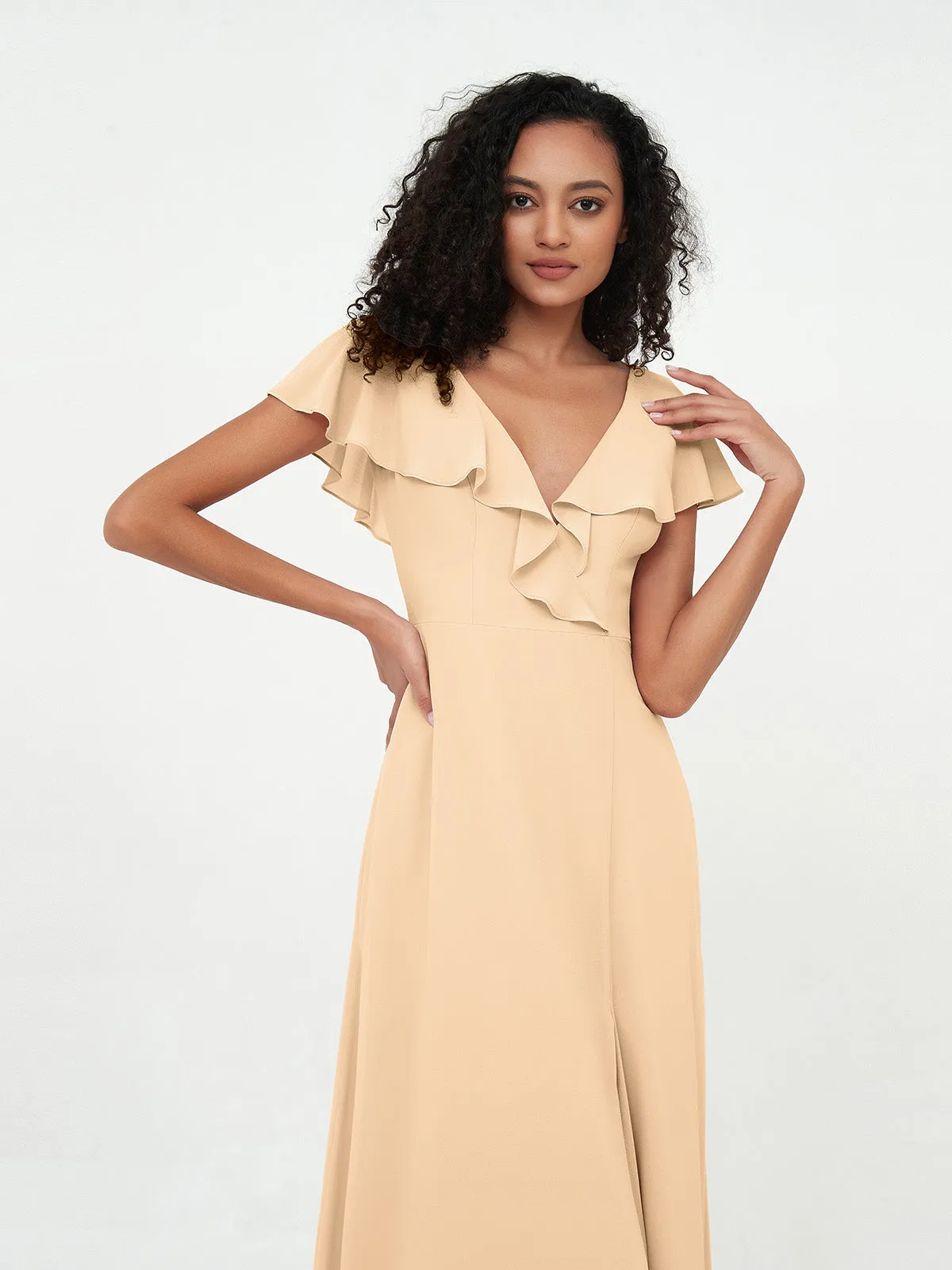 A-line V-neck Chiffon Dresses with Pockets-Peach