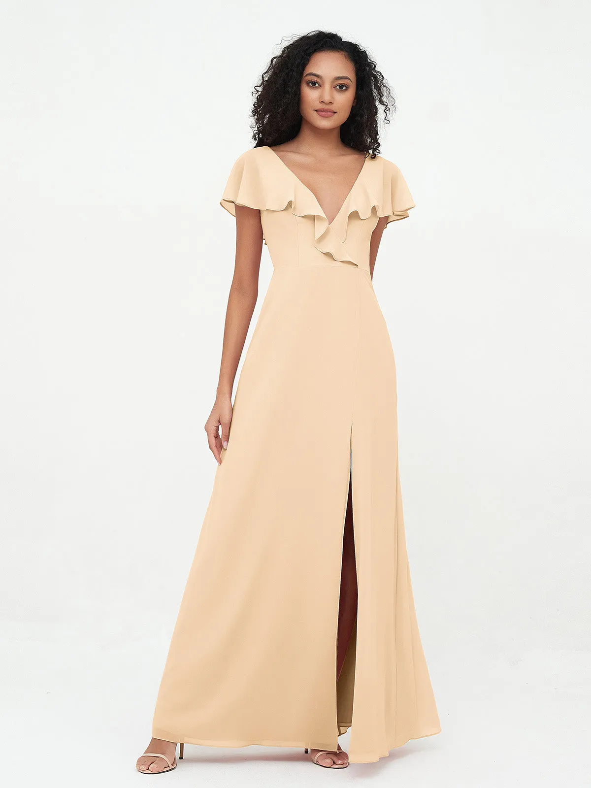 A-line V-neck Chiffon Dresses with Pockets-Peach