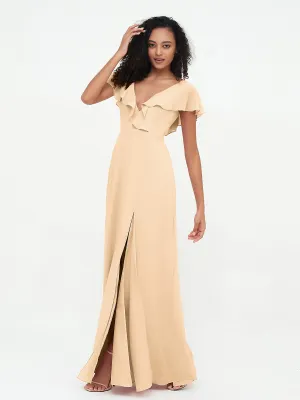 A-line V-neck Chiffon Dresses with Pockets-Peach