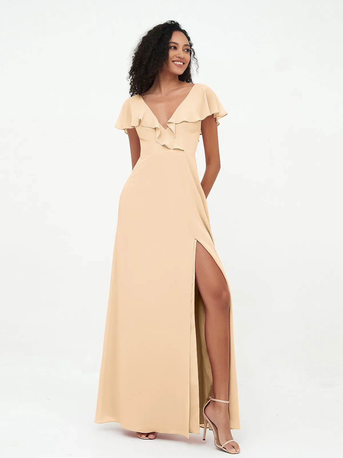 A-line V-neck Chiffon Dresses with Pockets-Peach
