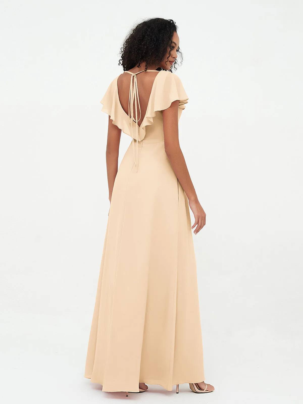 A-line V-neck Chiffon Dresses with Pockets-Peach