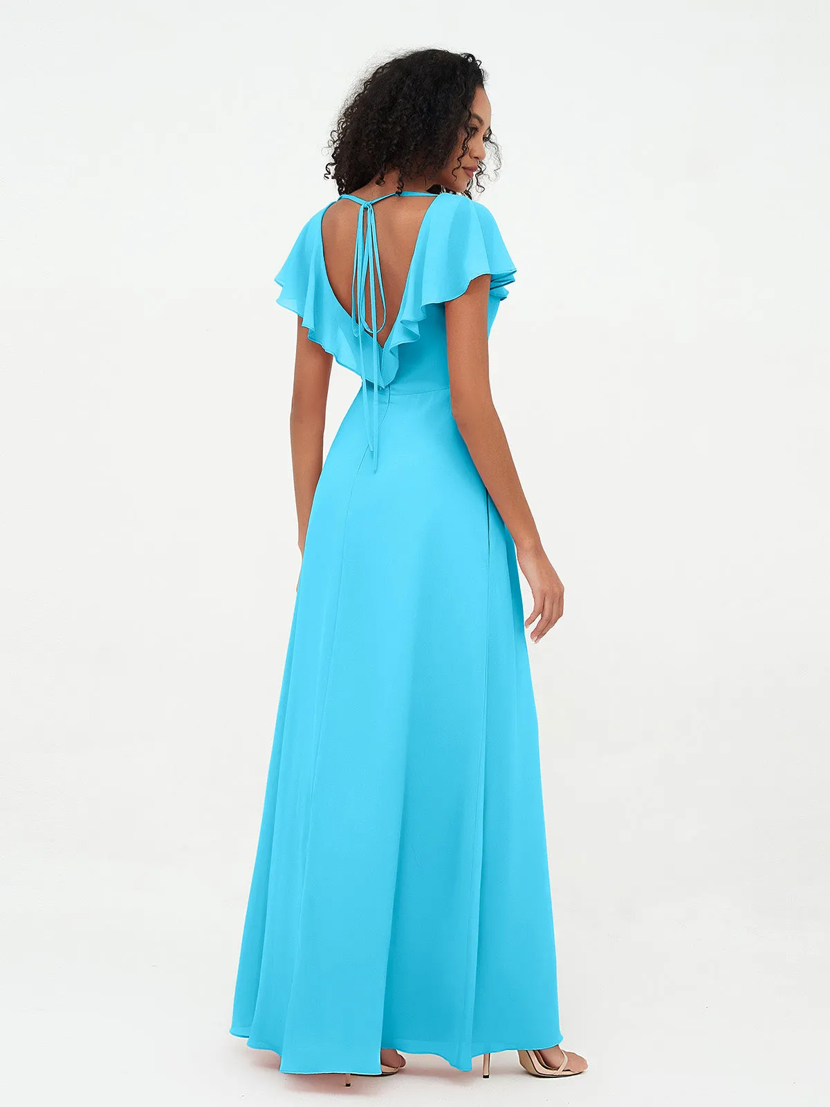 A-line V-neck Chiffon Dresses with Pockets-Pool