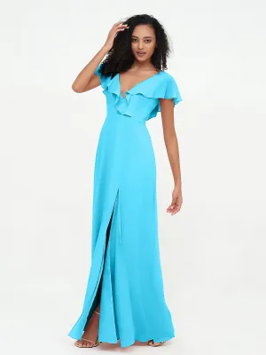 A-line V-neck Chiffon Dresses with Pockets-Pool