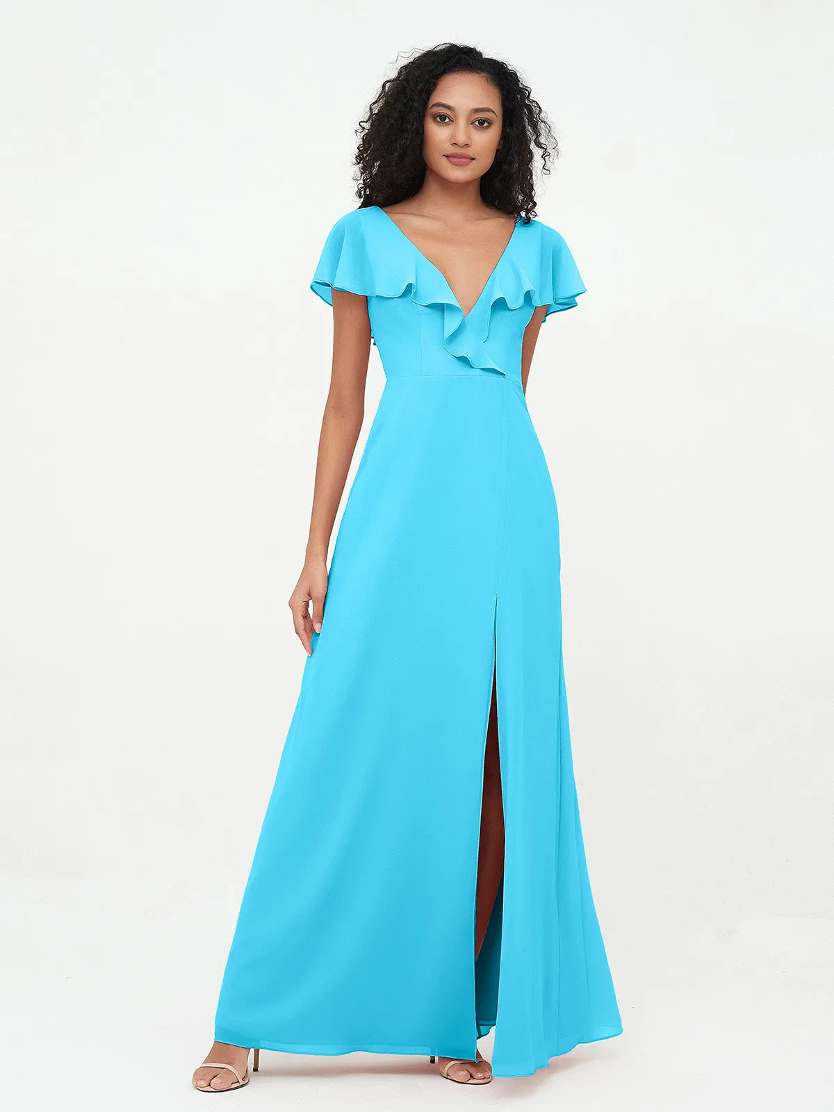 A-line V-neck Chiffon Dresses with Pockets-Pool