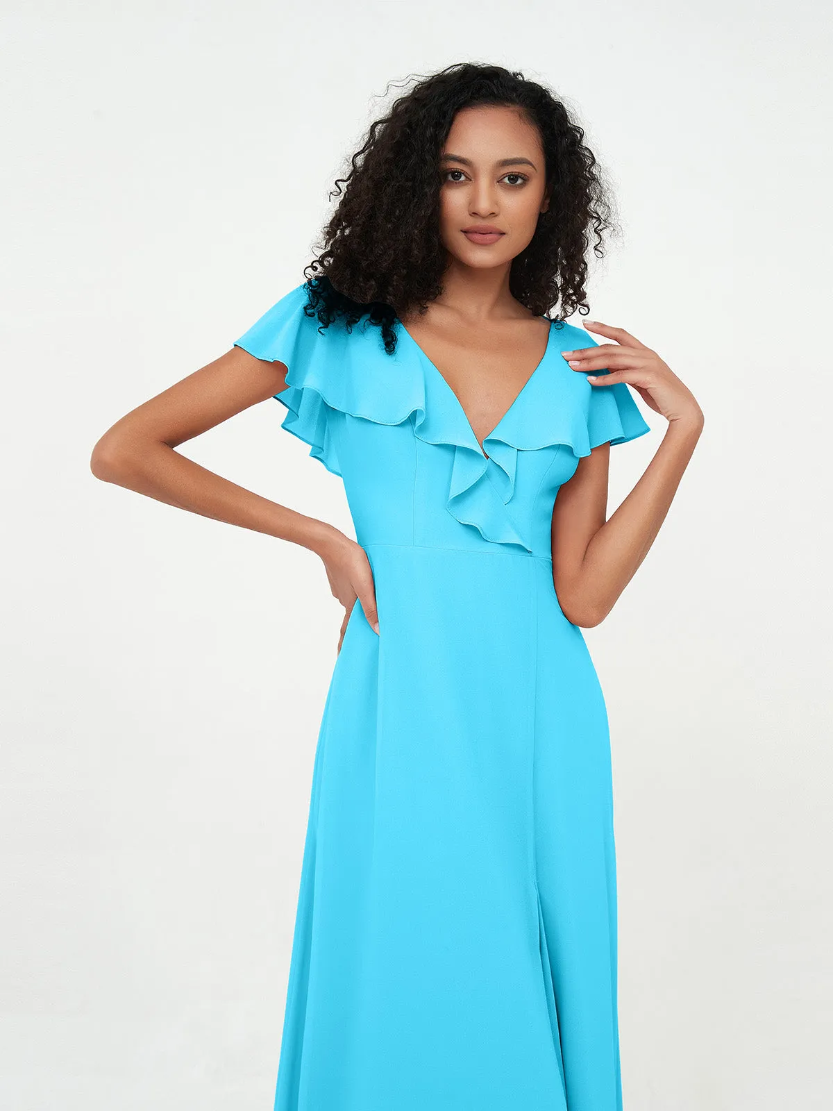 A-line V-neck Chiffon Dresses with Pockets-Pool