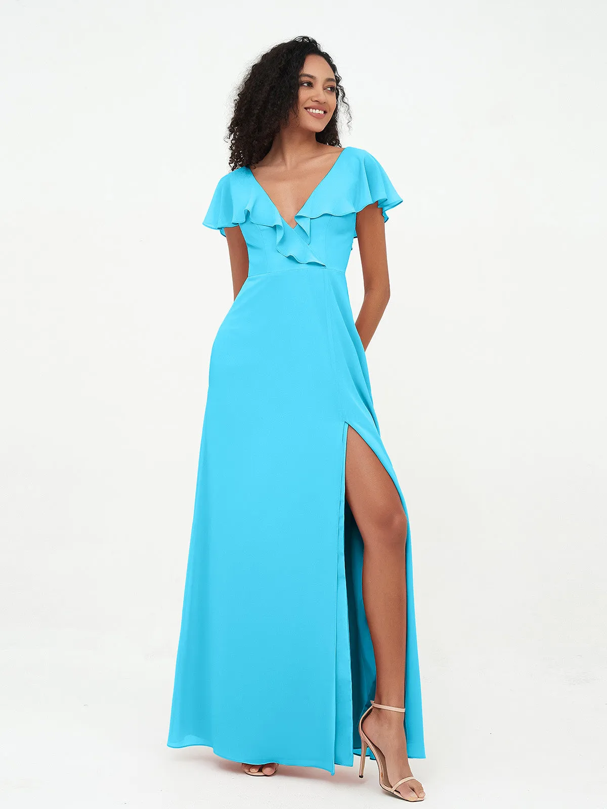 A-line V-neck Chiffon Dresses with Pockets-Pool