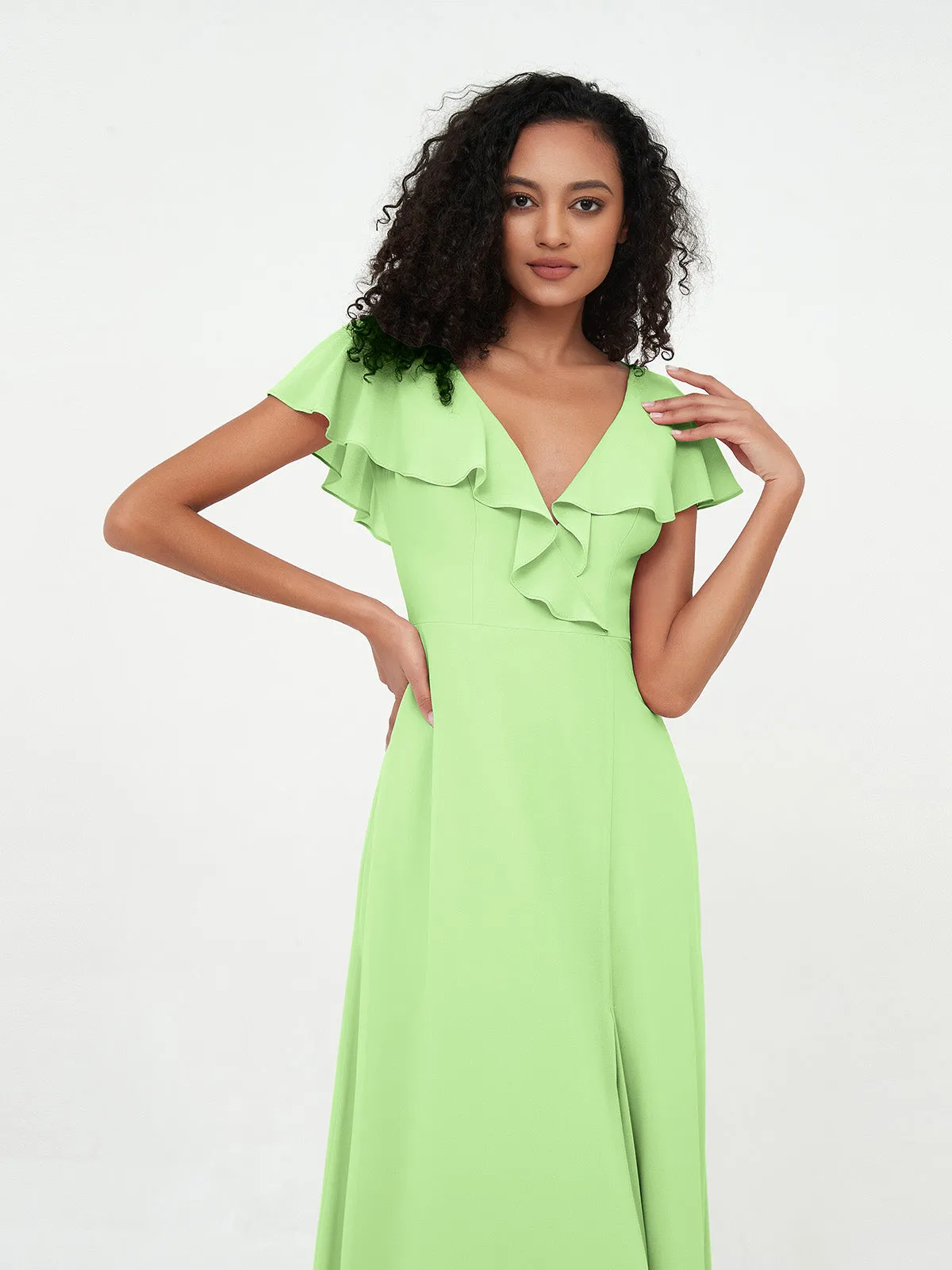 A-line V-neck Chiffon Dresses with Pockets-Sage Plus Size