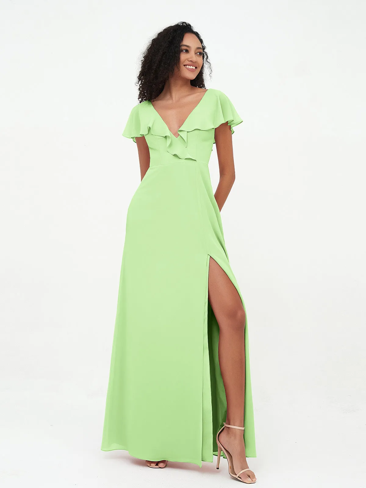 A-line V-neck Chiffon Dresses with Pockets-Sage Plus Size