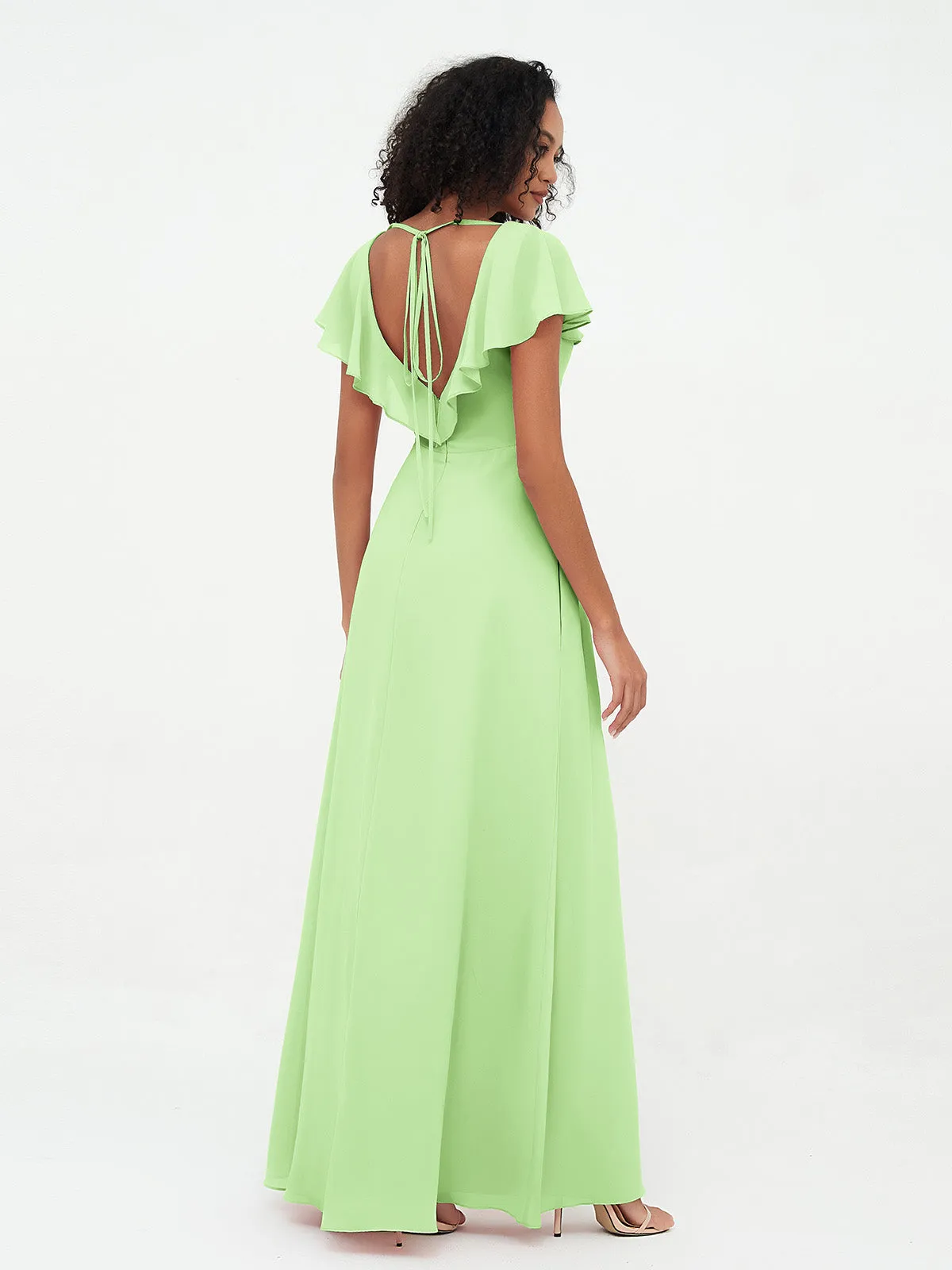 A-line V-neck Chiffon Dresses with Pockets-Sage Plus Size