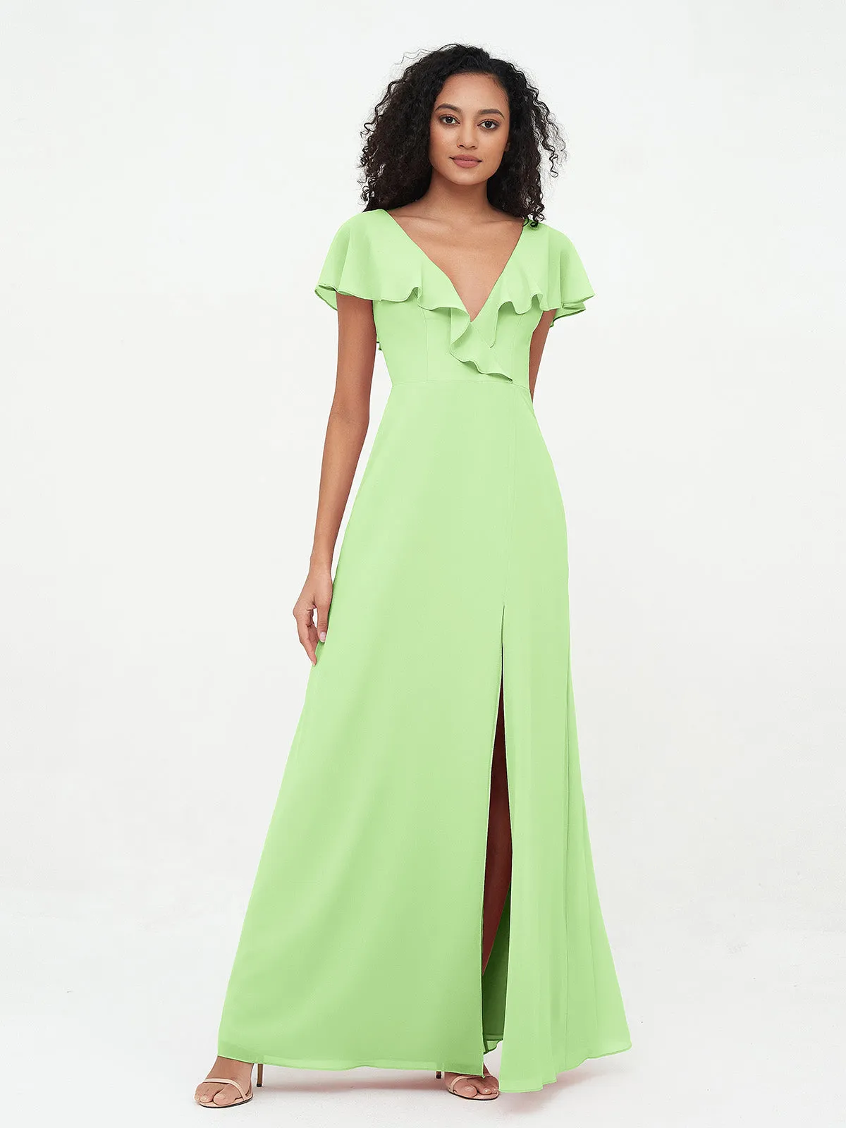 A-line V-neck Chiffon Dresses with Pockets-Sage Plus Size