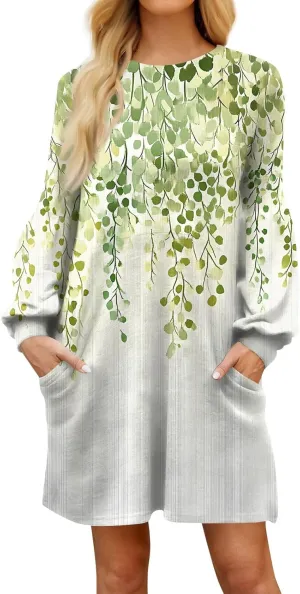ADHOWBEW Dresses for Women 2025 Round Neck Sexy Plus Size Casual Trendy Long Sleeve Work Dress Long Sleeve