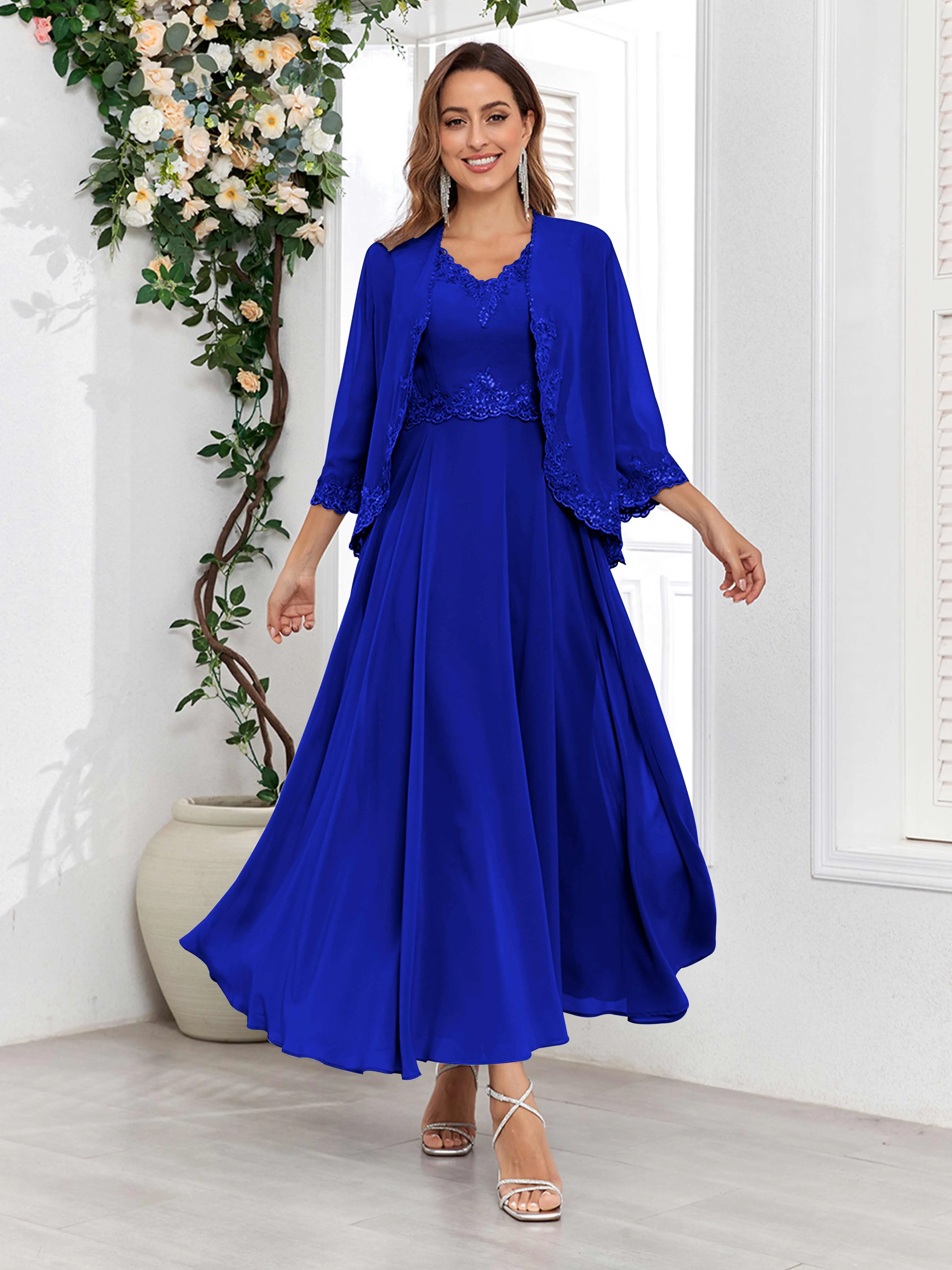 Aisha Enchanting V Neck Two Pieces Appliques Maxi Chiffon Mother Of The Bride Dresses