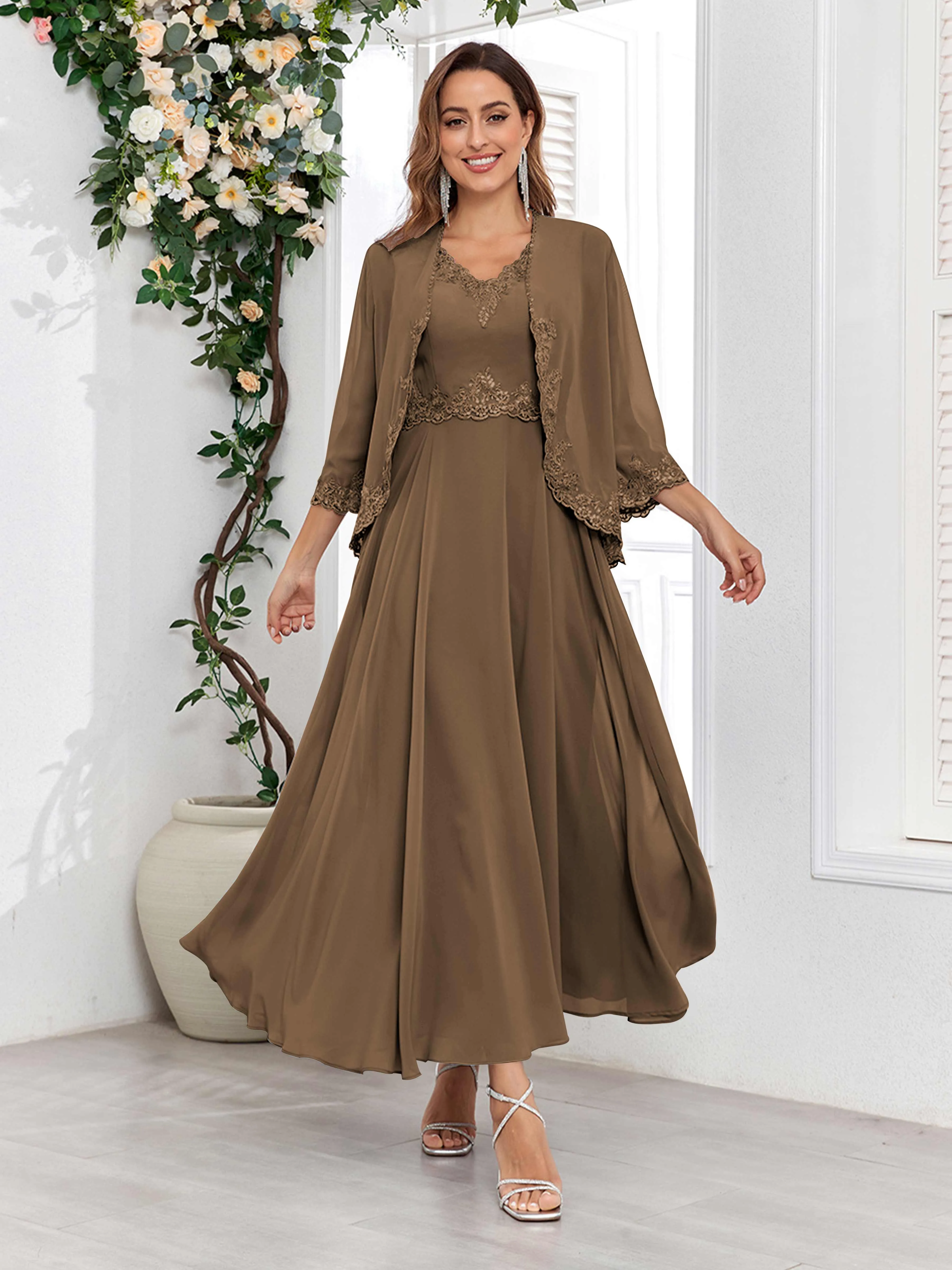 Aisha Enchanting V Neck Two Pieces Appliques Maxi Chiffon Mother Of The Bride Dresses