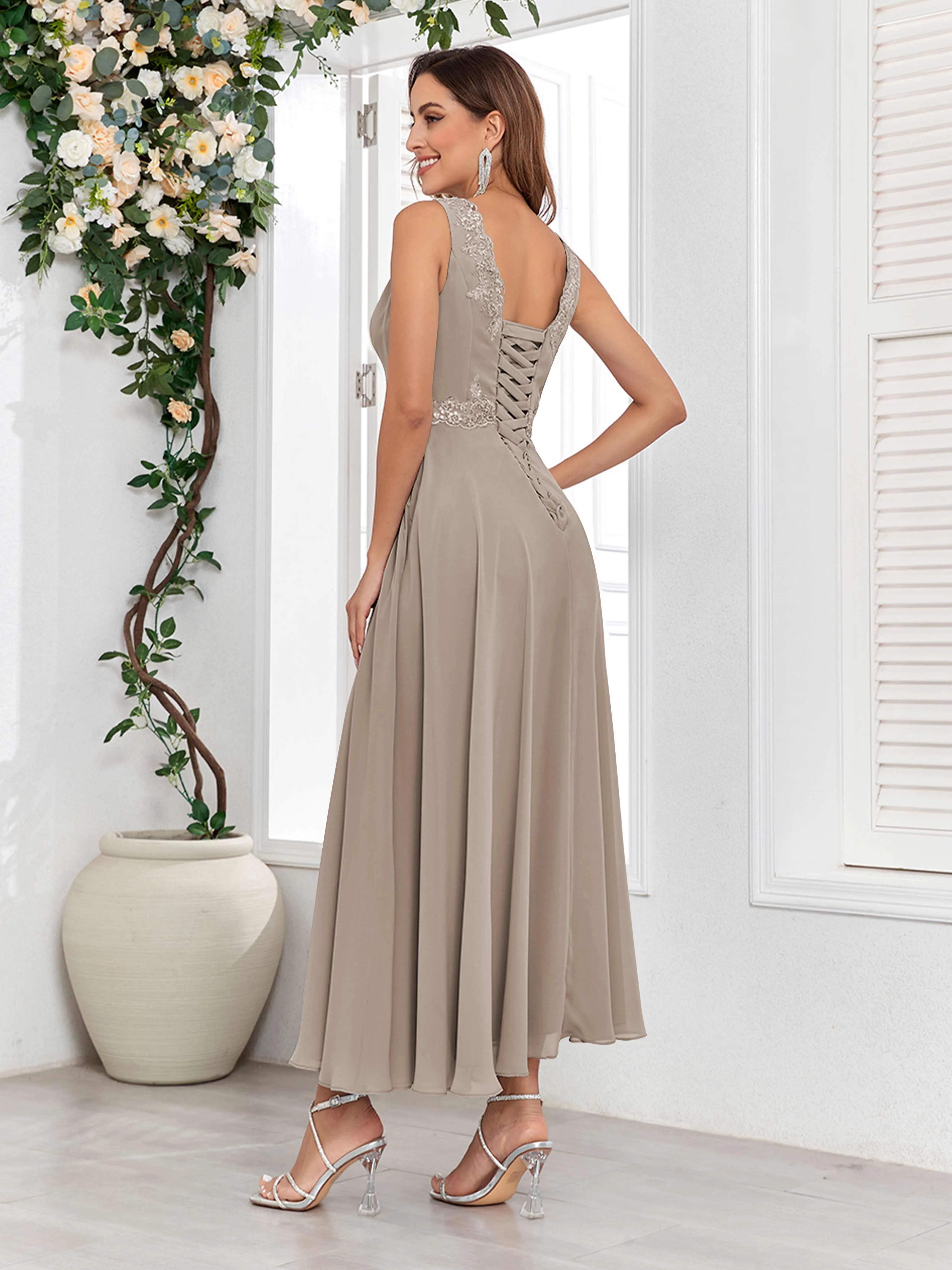 Aisha Enchanting V Neck Two Pieces Appliques Maxi Chiffon Mother Of The Bride Dresses