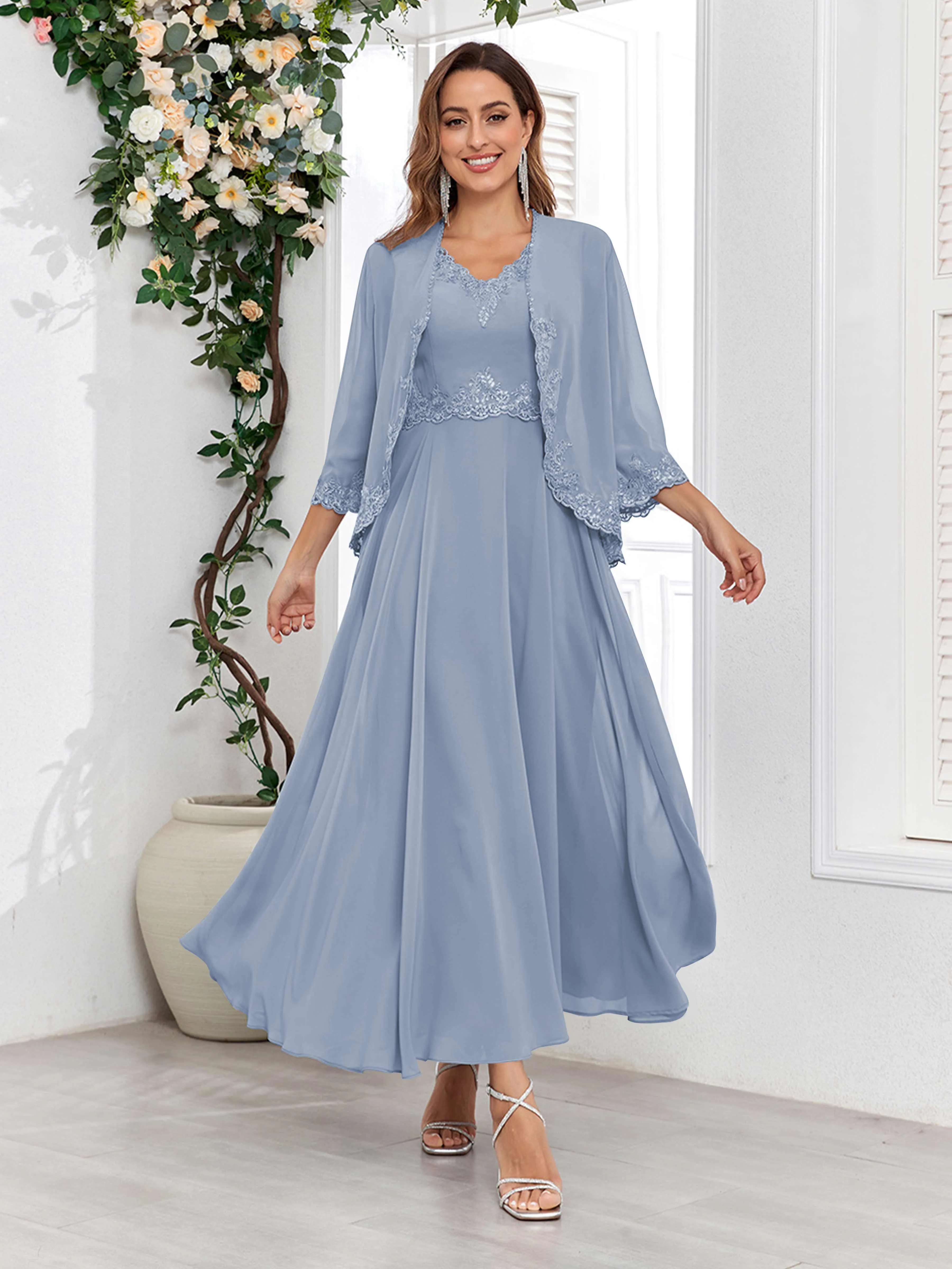 Aisha Enchanting V Neck Two Pieces Appliques Maxi Chiffon Mother Of The Bride Dresses