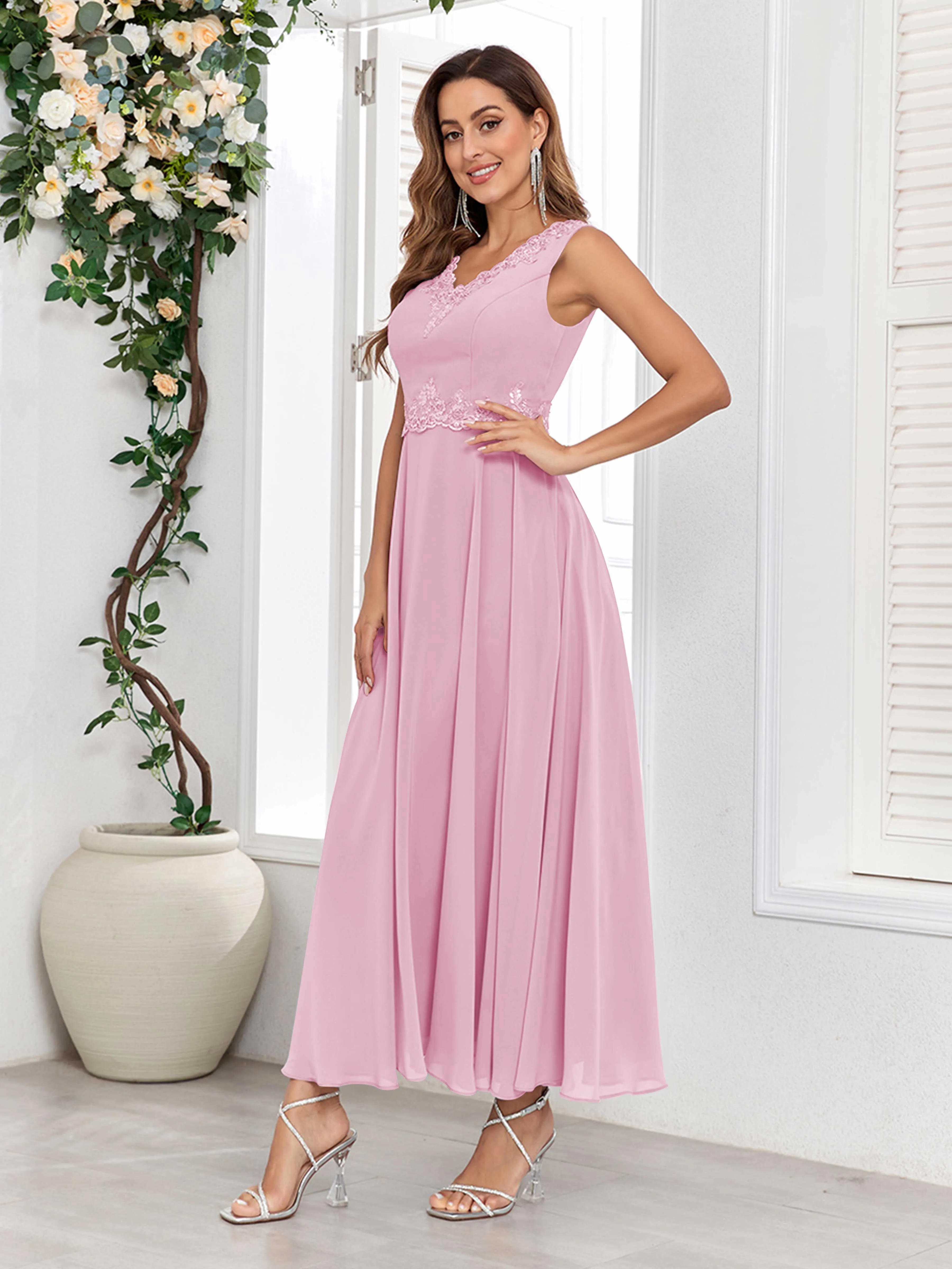 Aisha Enchanting V Neck Two Pieces Appliques Maxi Chiffon Mother Of The Bride Dresses