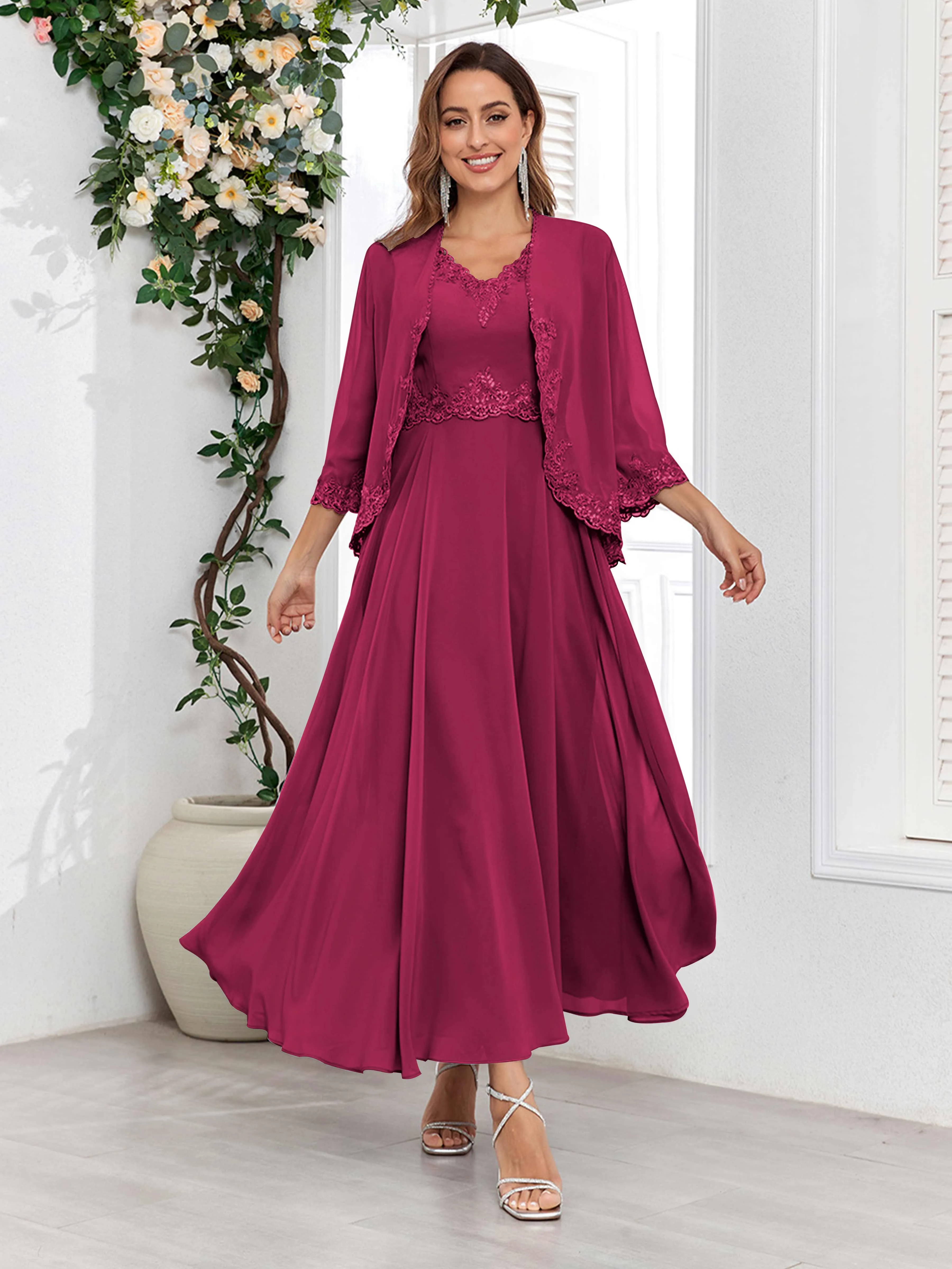 Aisha Enchanting V Neck Two Pieces Appliques Maxi Chiffon Mother Of The Bride Dresses