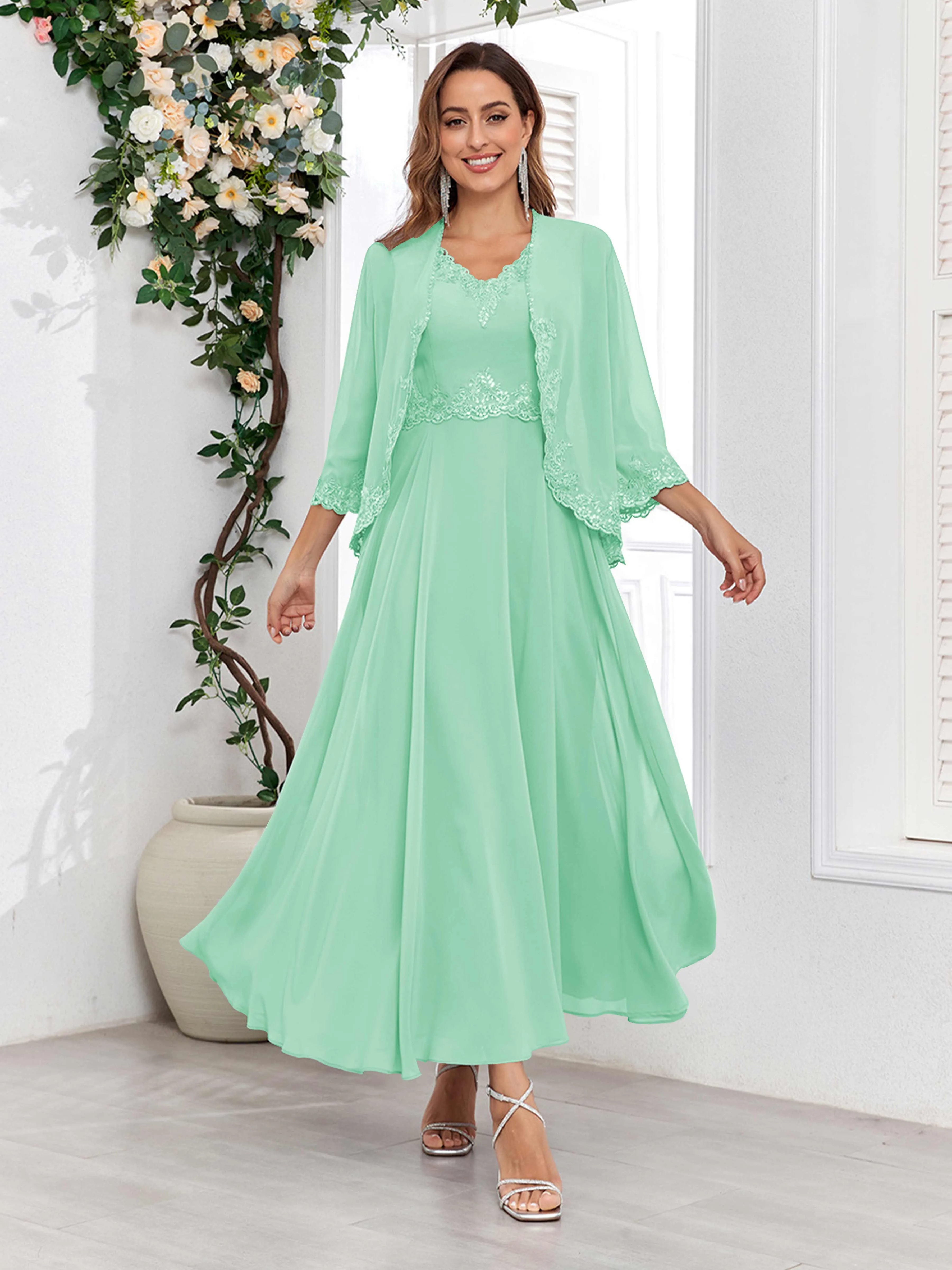 Aisha Enchanting V Neck Two Pieces Appliques Maxi Chiffon Mother Of The Bride Dresses
