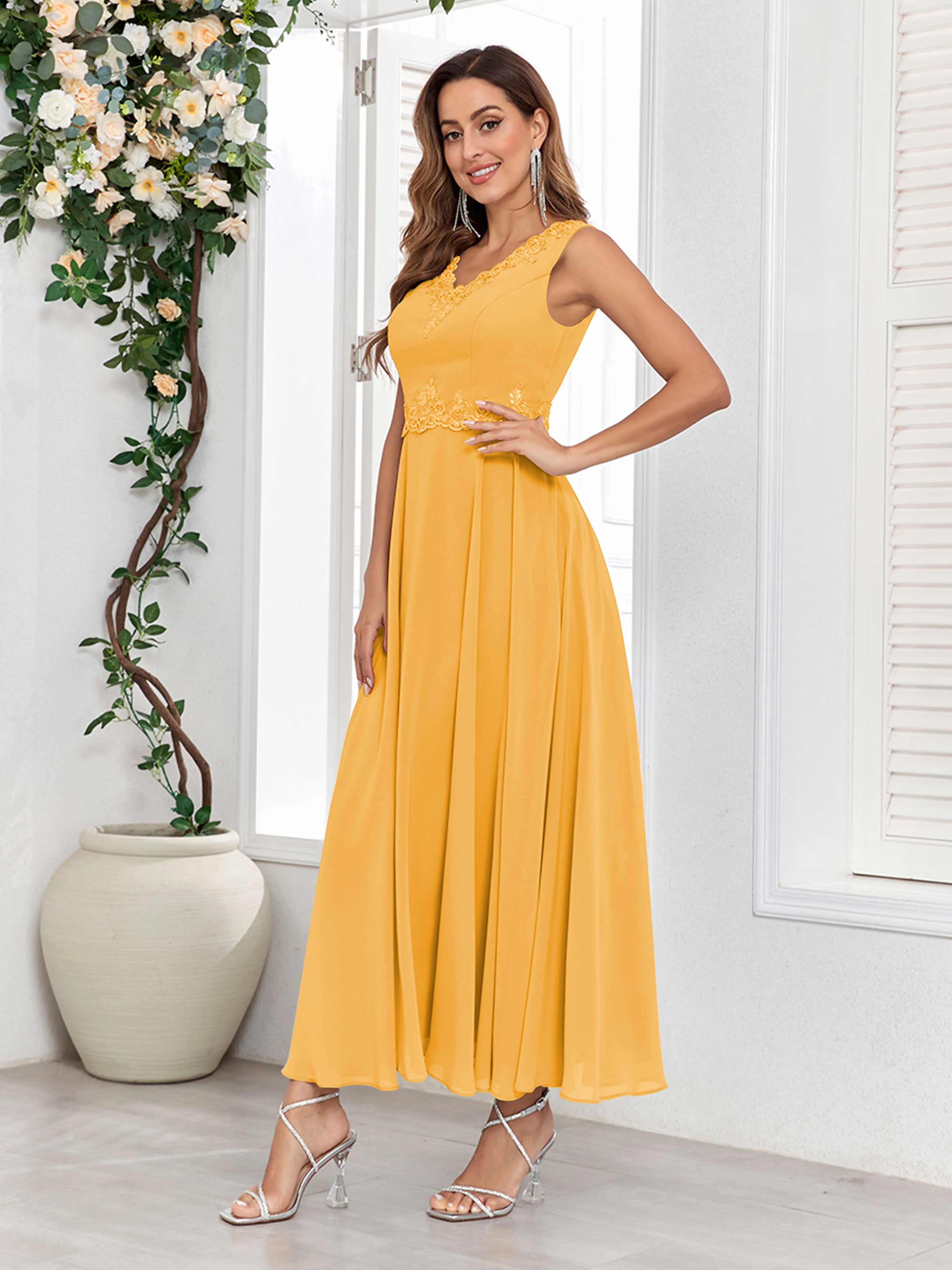 Aisha Enchanting V Neck Two Pieces Appliques Maxi Chiffon Mother Of The Bride Dresses