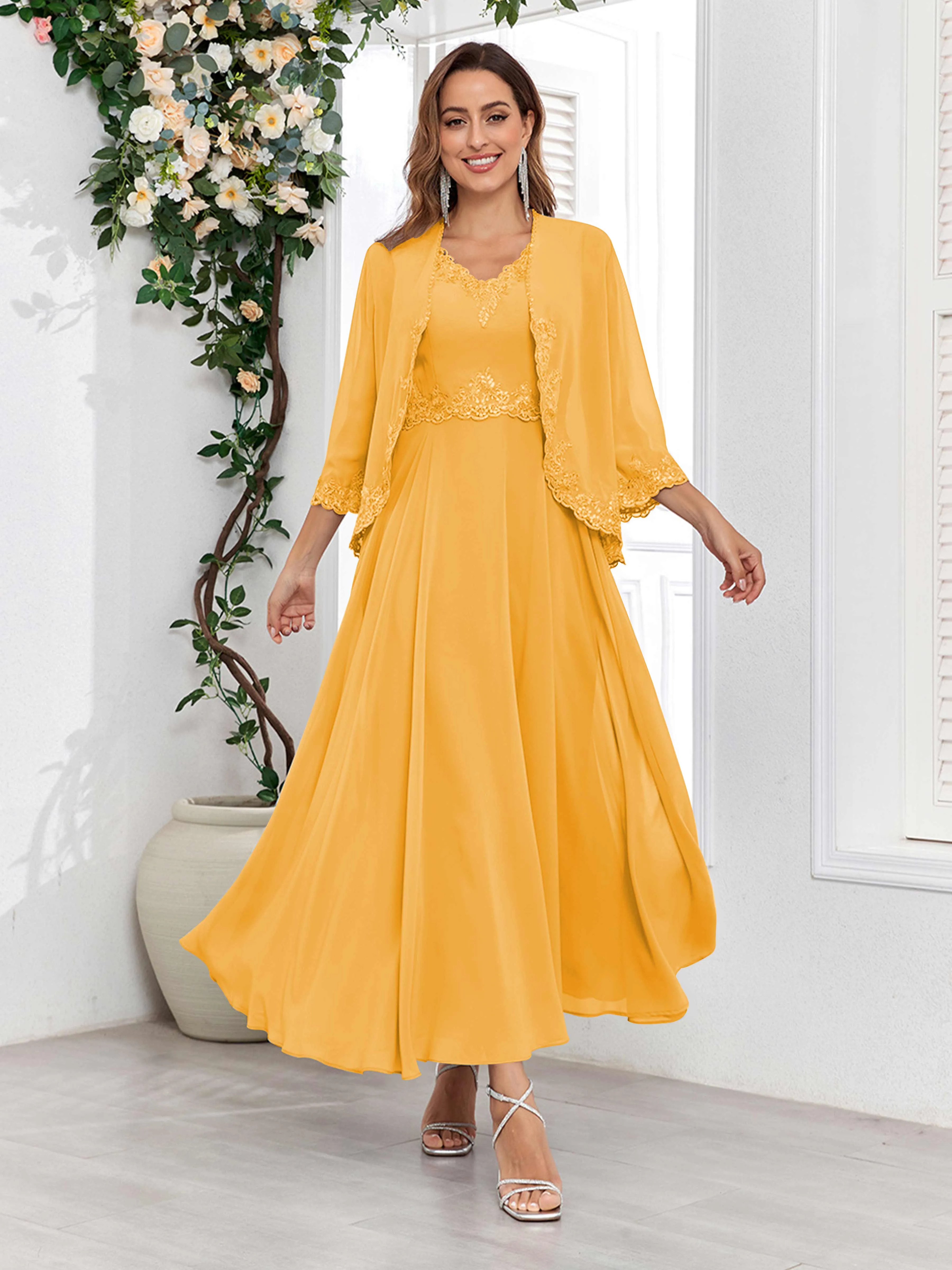 Aisha Enchanting V Neck Two Pieces Appliques Maxi Chiffon Mother Of The Bride Dresses