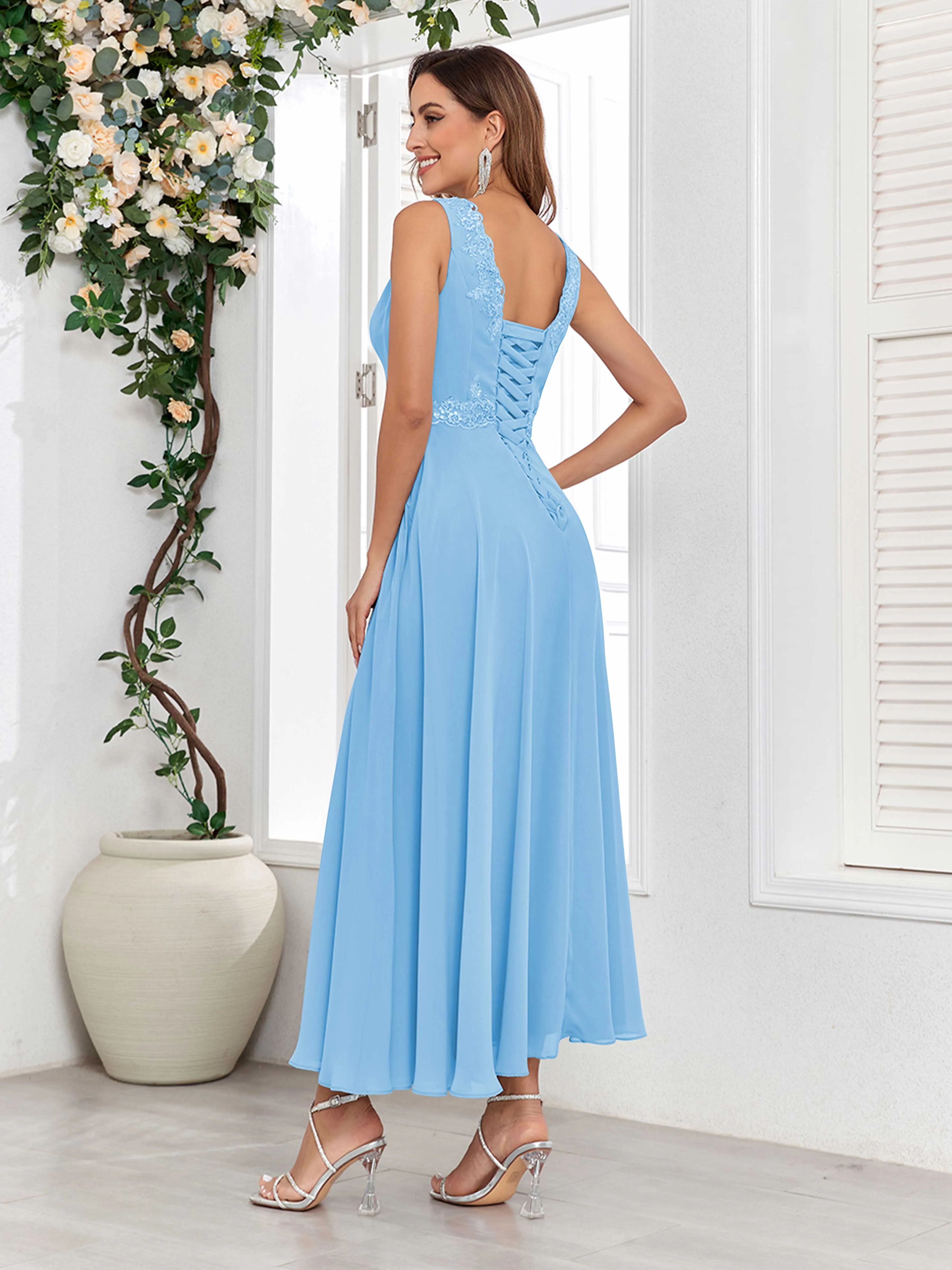 Aisha Enchanting V Neck Two Pieces Appliques Maxi Chiffon Mother Of The Bride Dresses