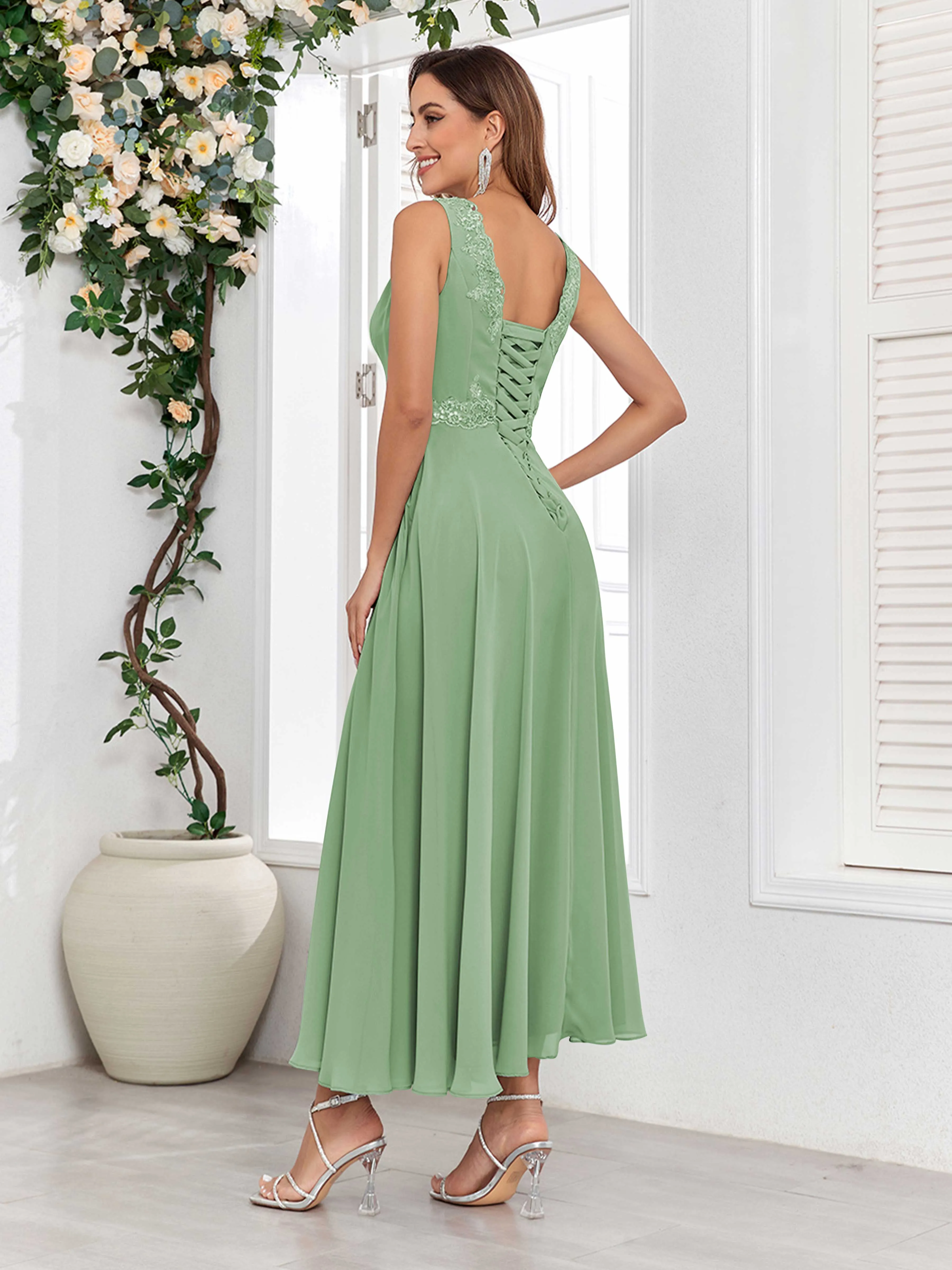 Aisha Enchanting V Neck Two Pieces Appliques Maxi Chiffon Mother Of The Bride Dresses