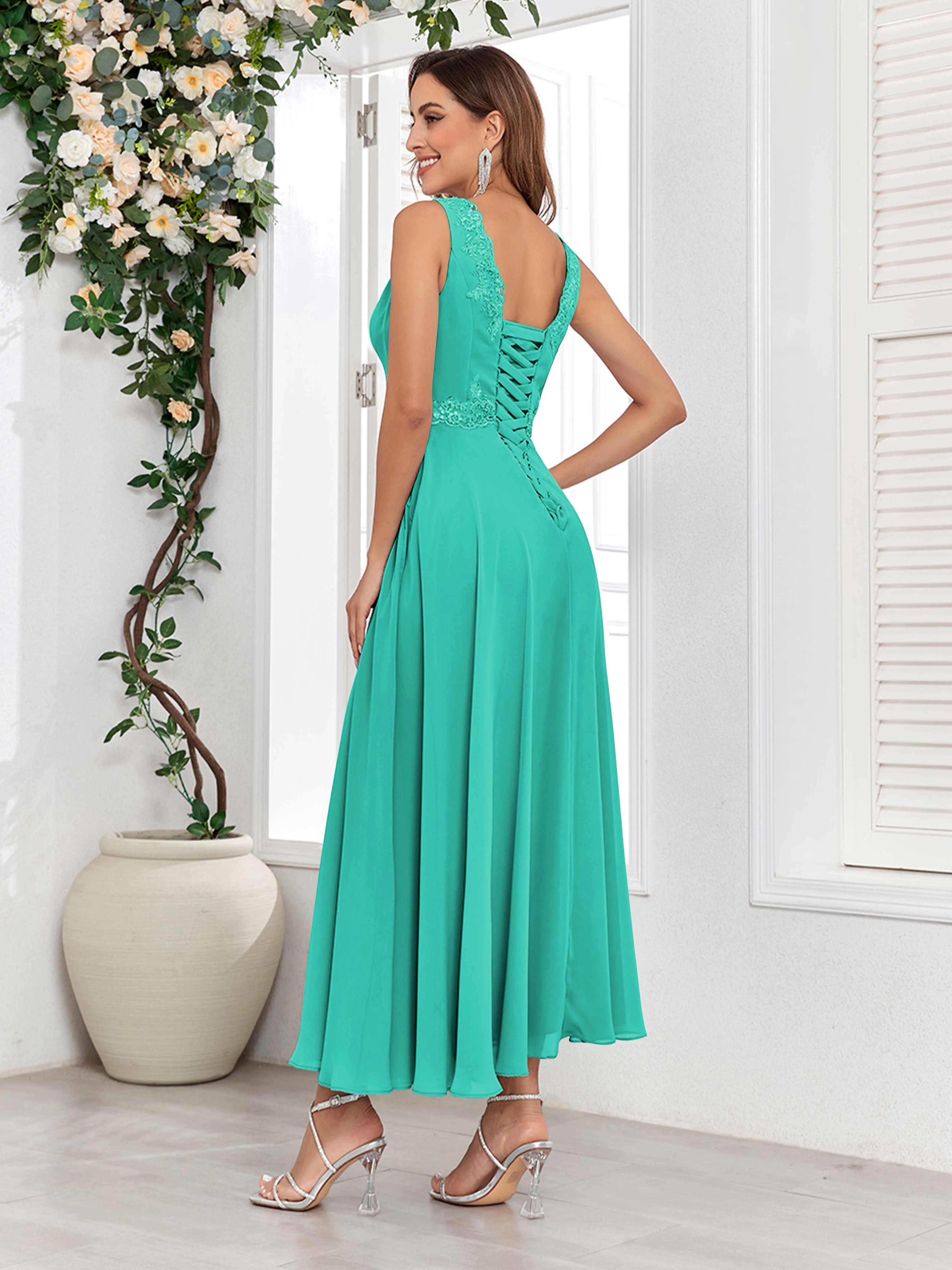 Aisha Enchanting V Neck Two Pieces Appliques Maxi Chiffon Mother Of The Bride Dresses