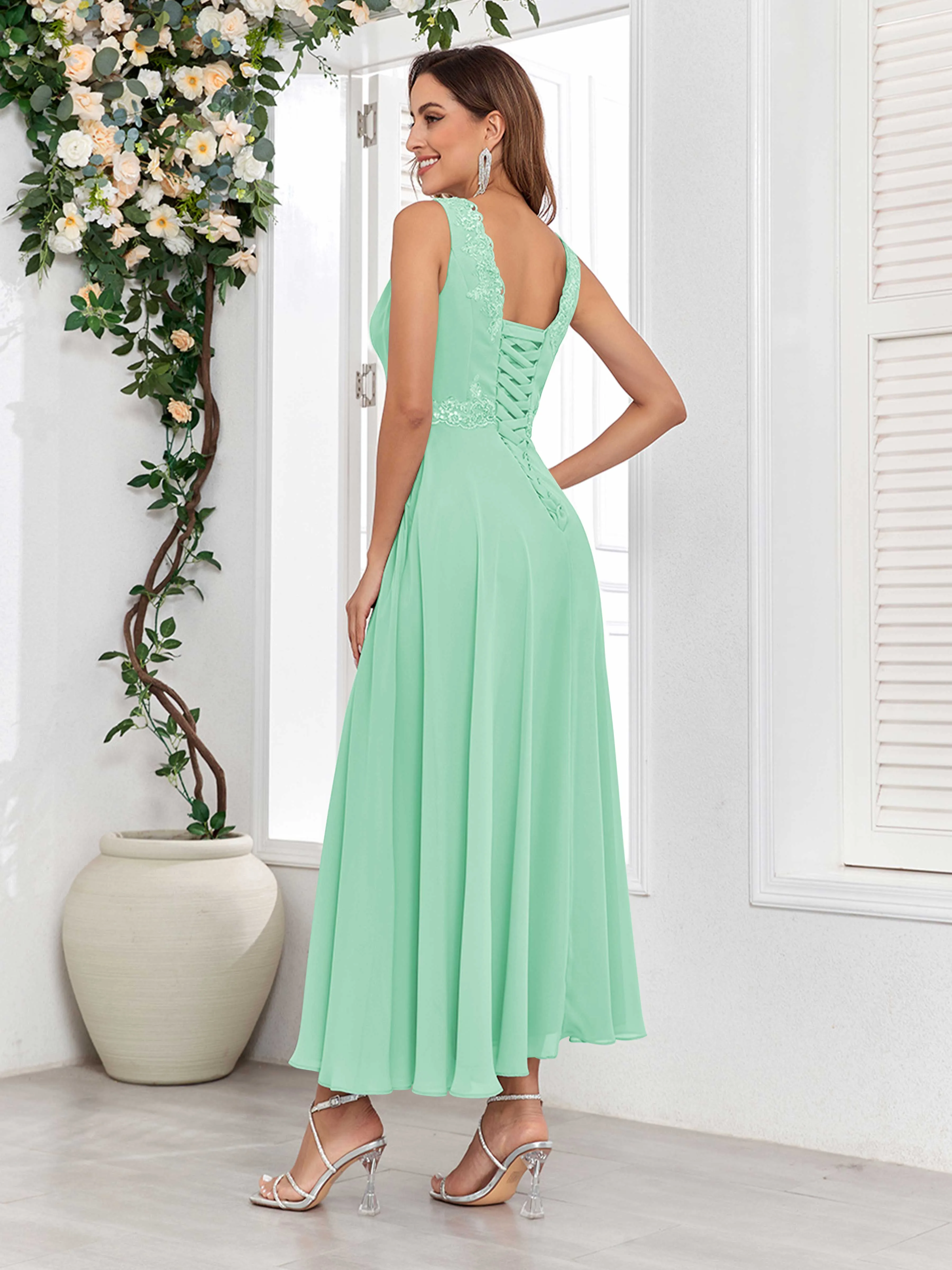 Aisha Enchanting V Neck Two Pieces Appliques Maxi Chiffon Mother Of The Bride Dresses