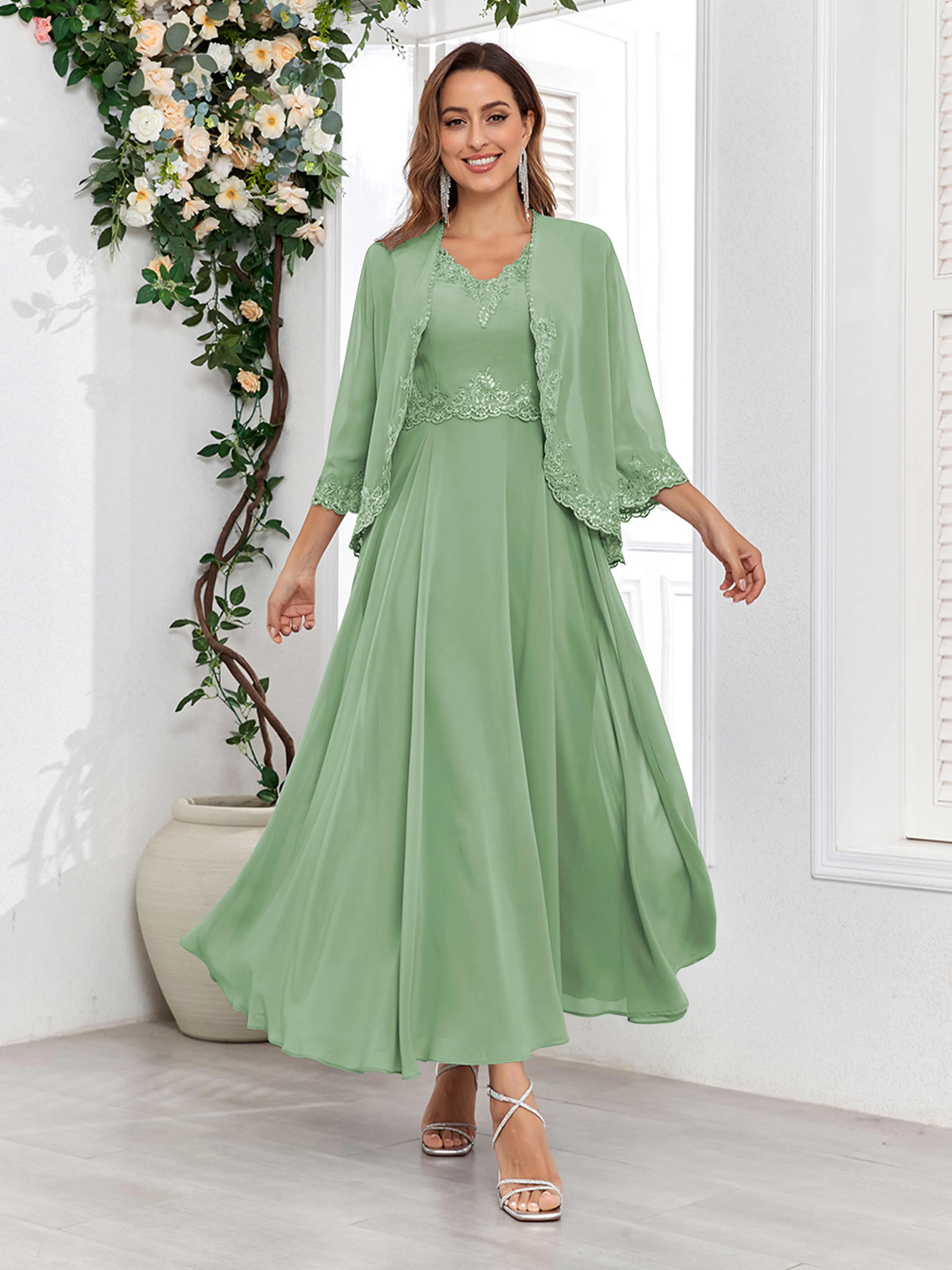Aisha Enchanting V Neck Two Pieces Appliques Maxi Chiffon Mother Of The Bride Dresses