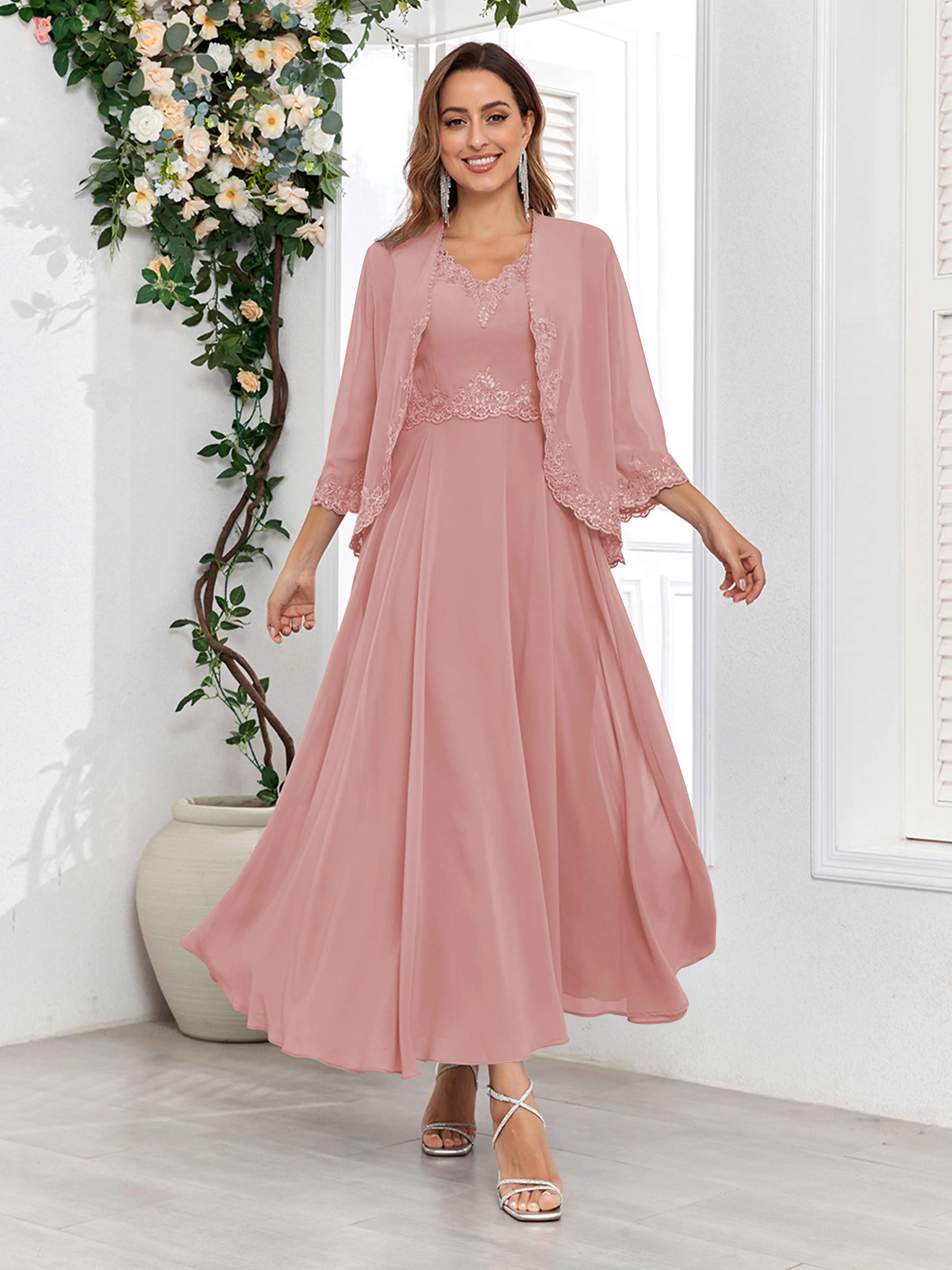 Aisha Enchanting V Neck Two Pieces Appliques Maxi Chiffon Mother Of The Bride Dresses
