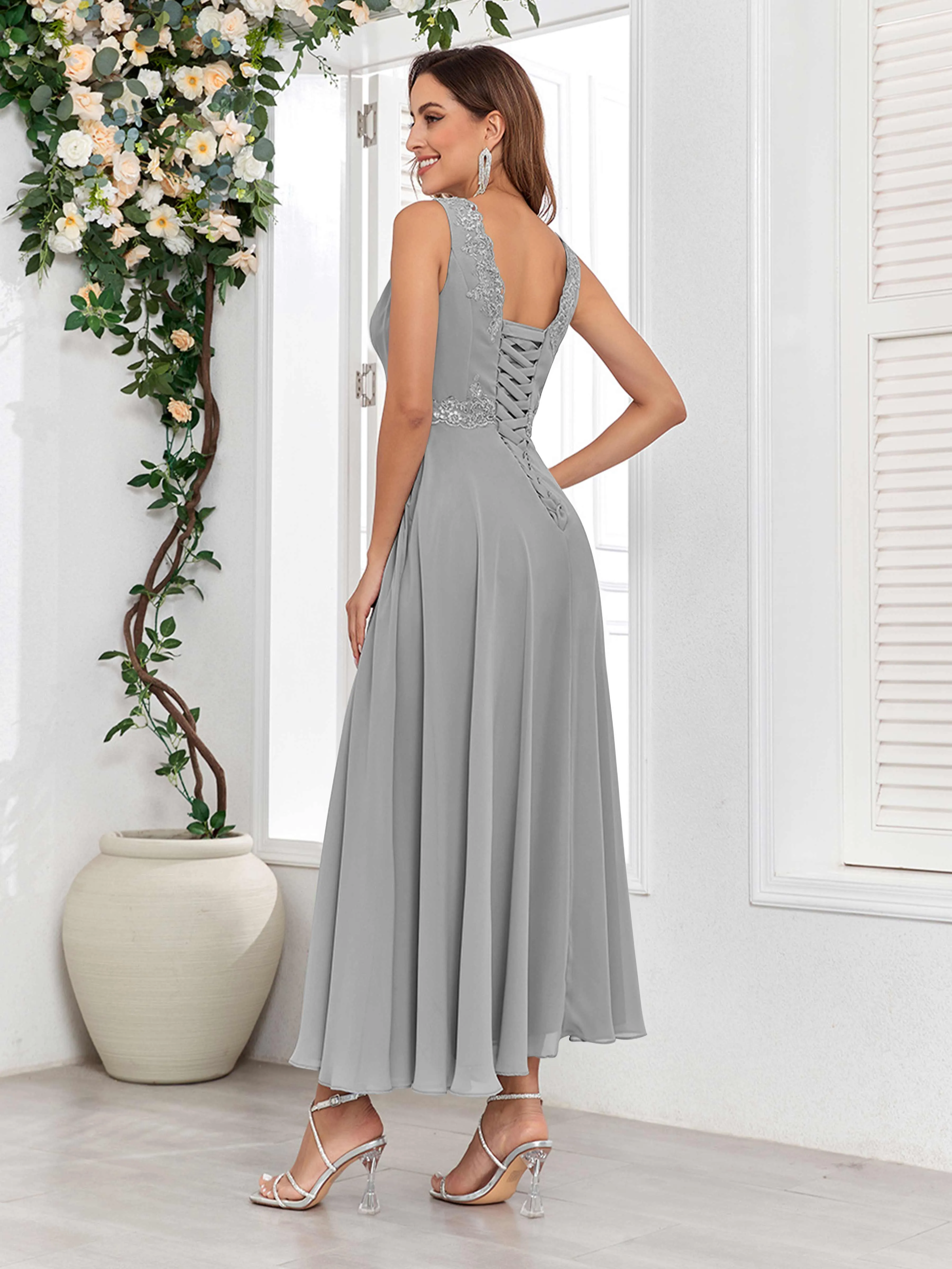 Aisha Enchanting V Neck Two Pieces Appliques Maxi Chiffon Mother Of The Bride Dresses