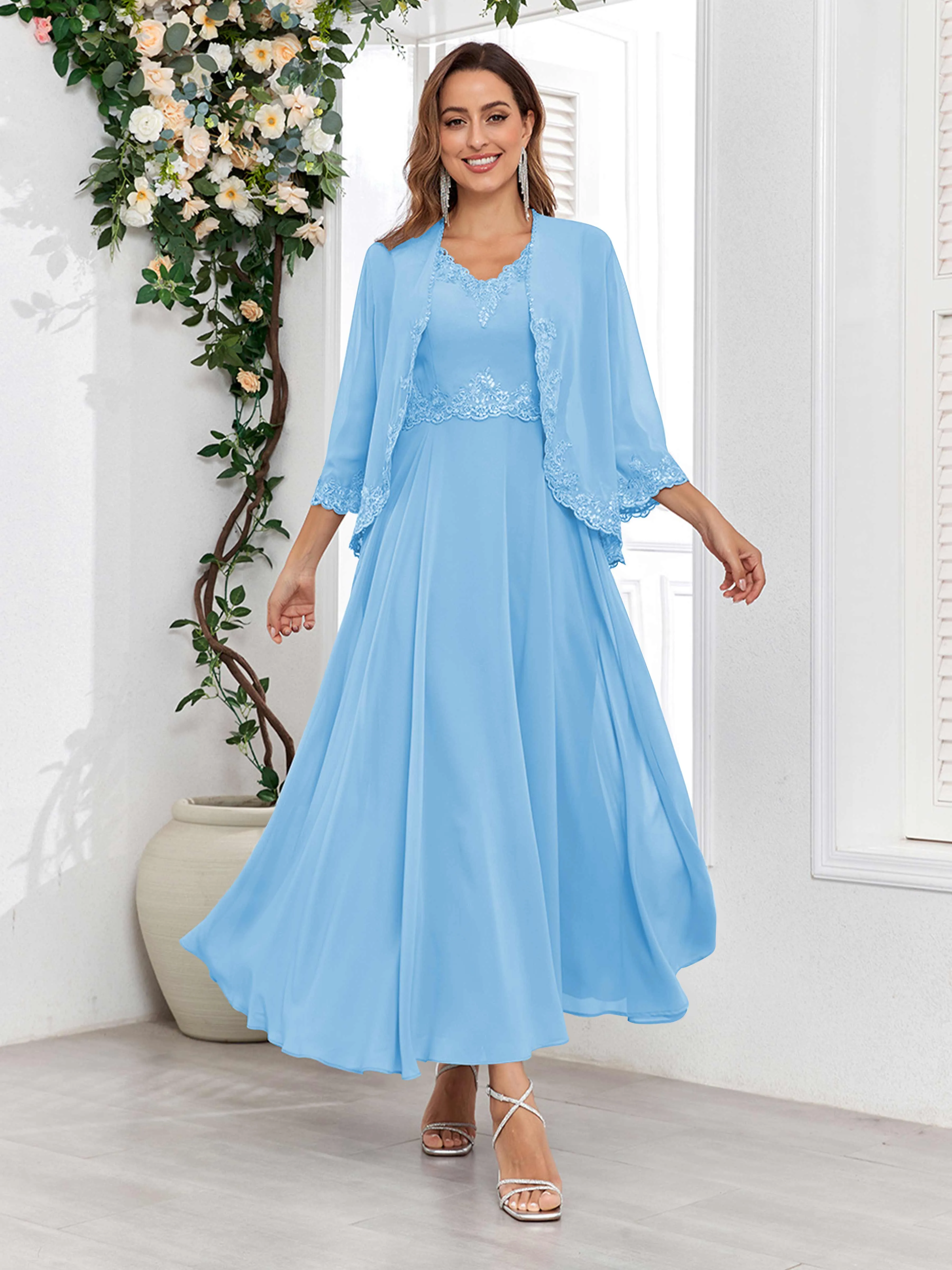 Aisha Enchanting V Neck Two Pieces Appliques Maxi Chiffon Mother Of The Bride Dresses
