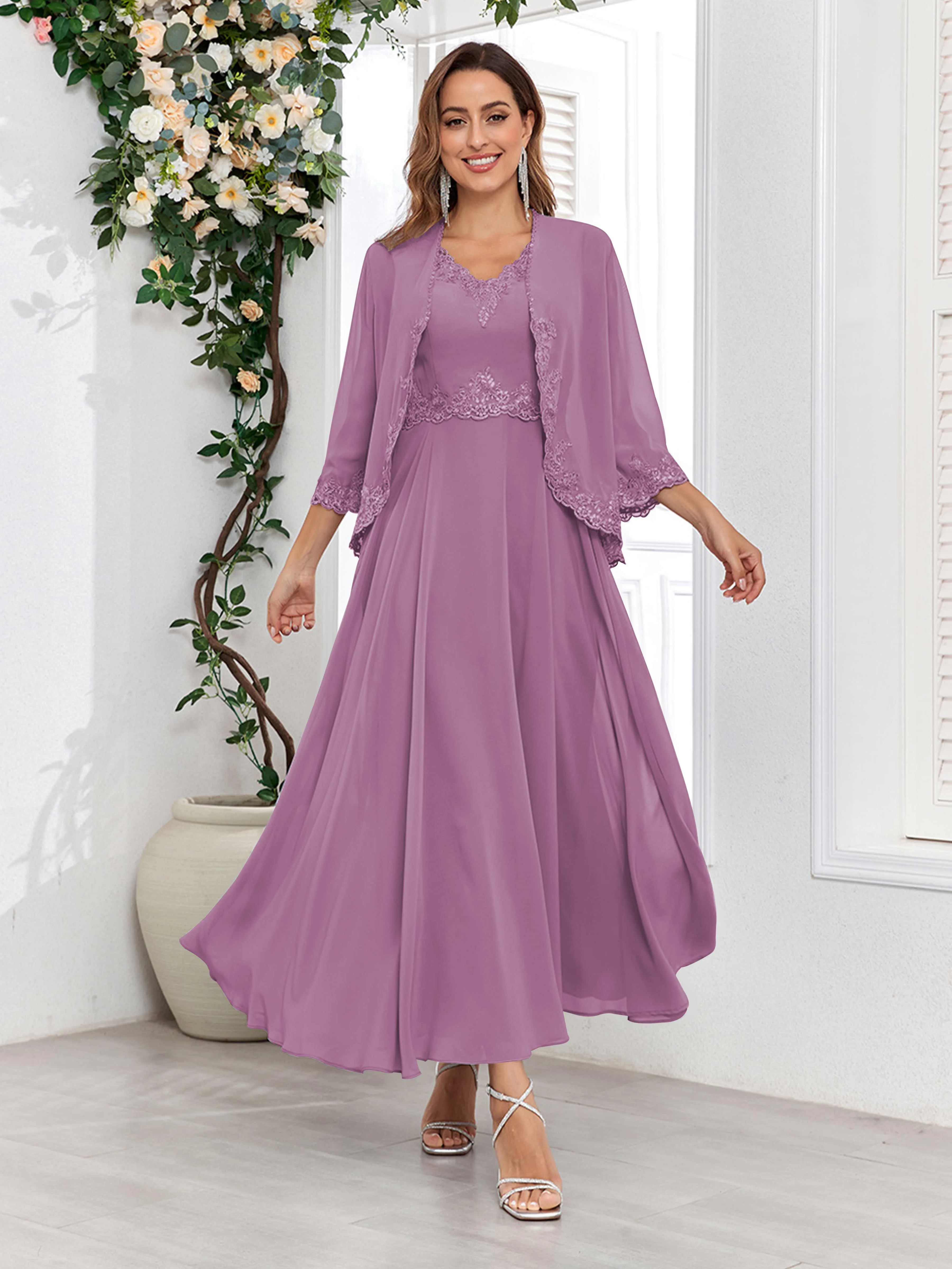 Aisha Enchanting V Neck Two Pieces Appliques Maxi Chiffon Mother Of The Bride Dresses