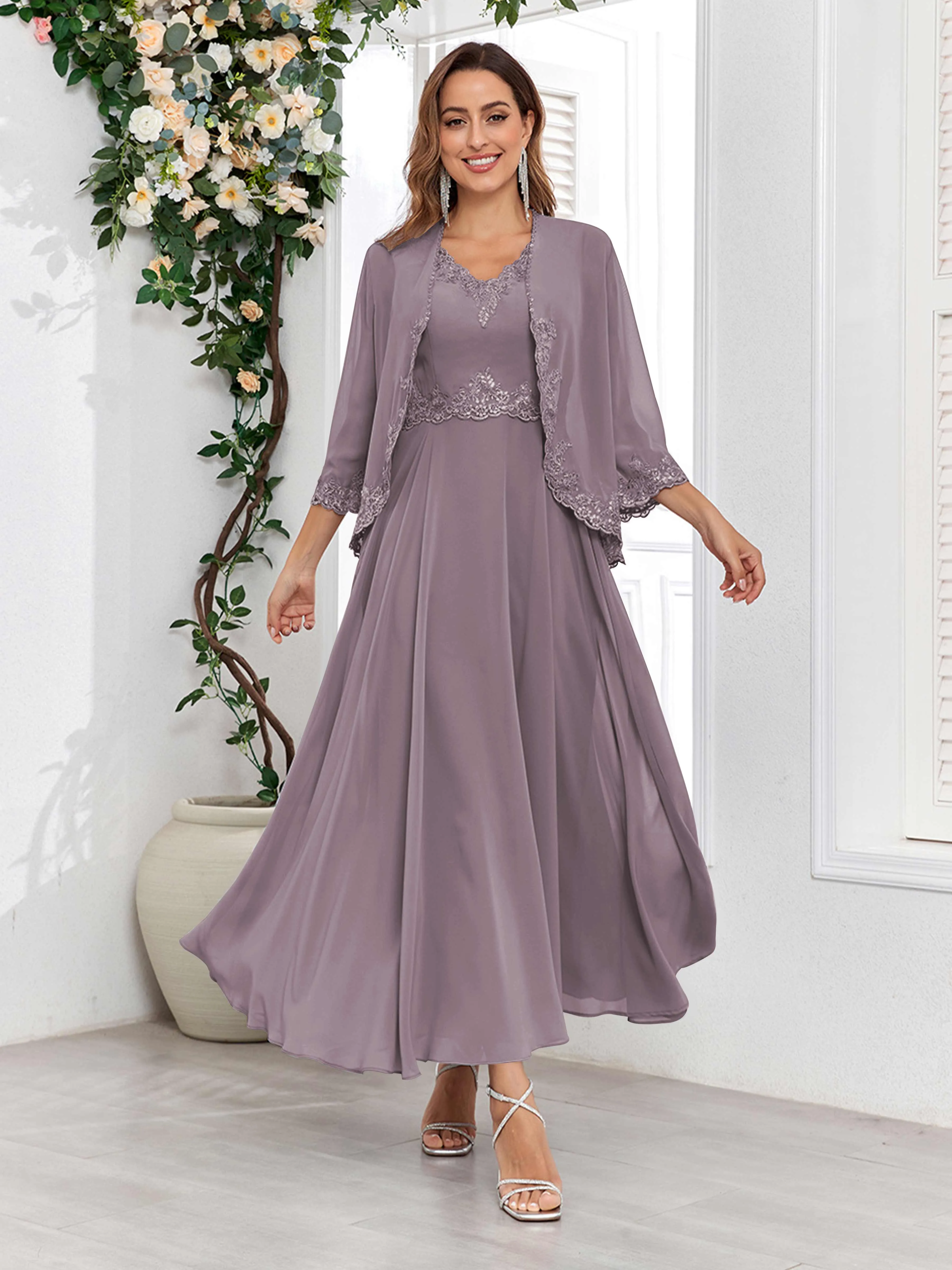 Aisha Enchanting V Neck Two Pieces Appliques Maxi Chiffon Mother Of The Bride Dresses